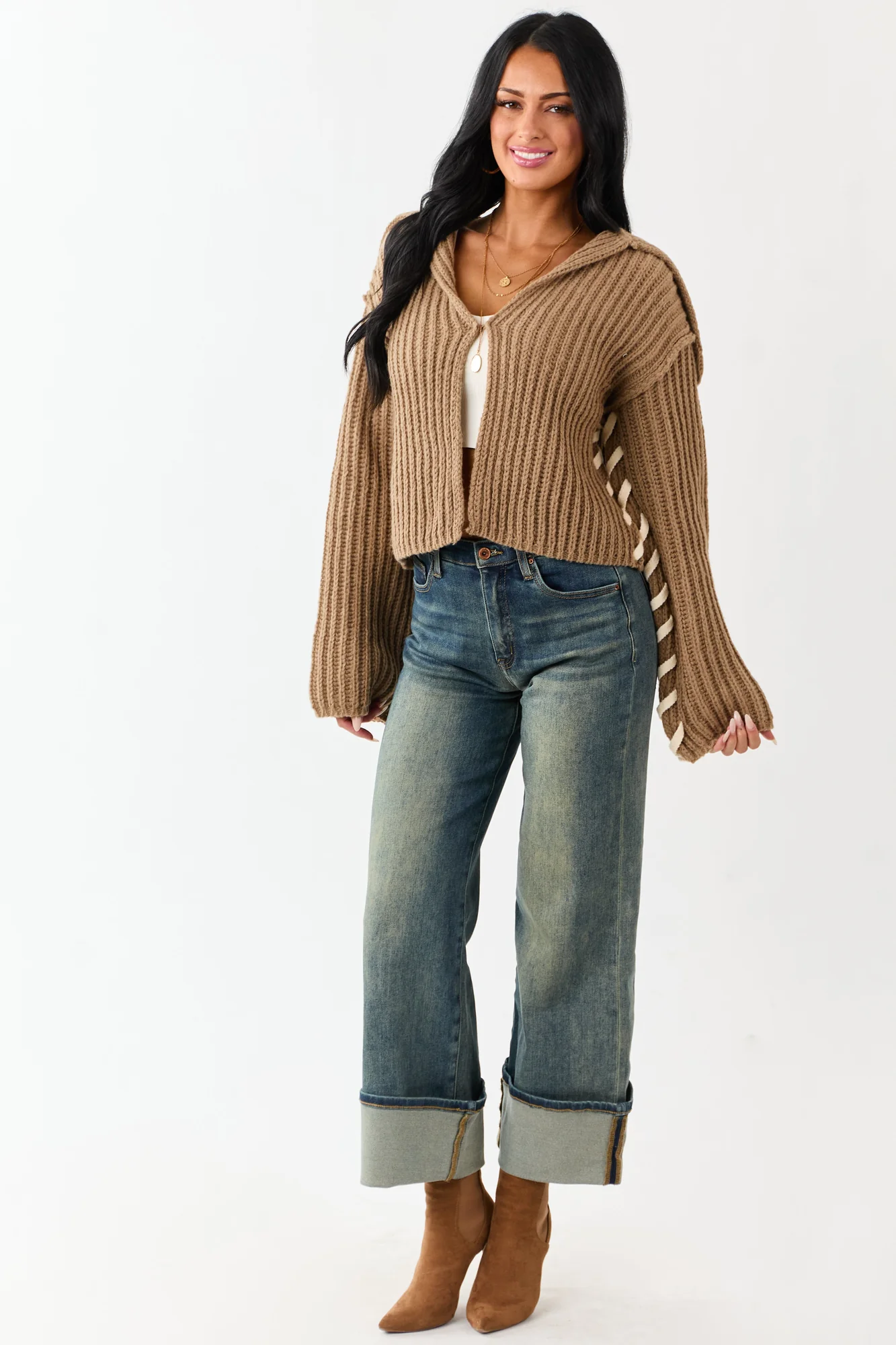 Cream Rib Knit Cardigan with Contrast Stitching