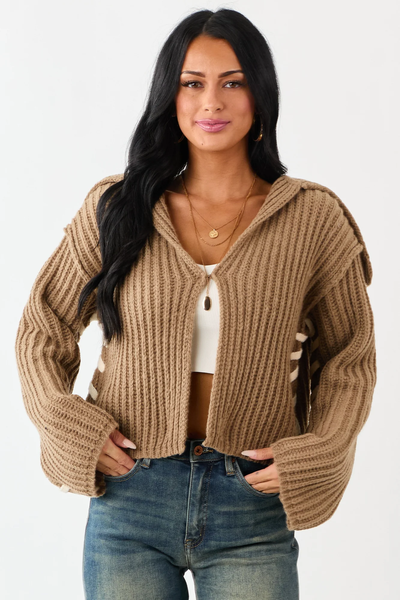 Cream Rib Knit Cardigan with Contrast Stitching