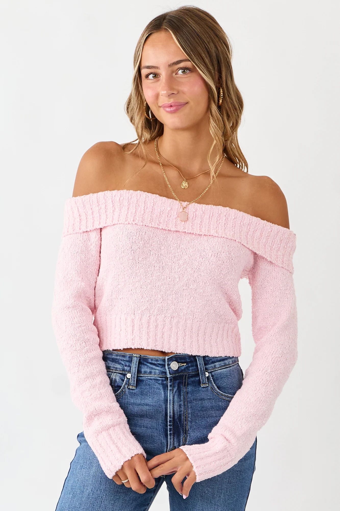 Pink Ribbed Trim Off-Shoulder Crop Sweater