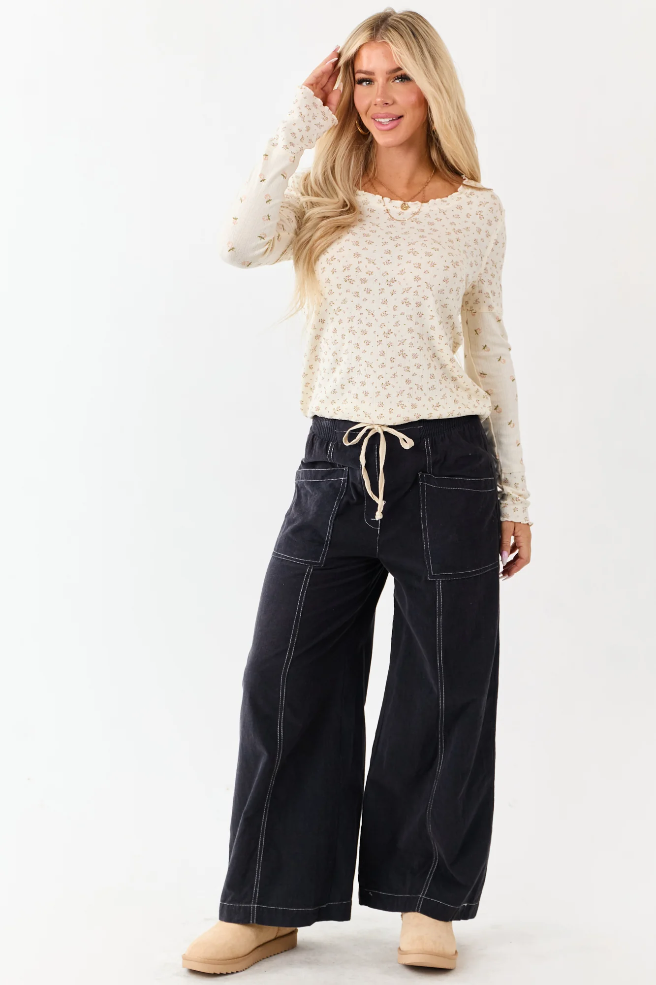 Navy Wide Leg Corduroy Smocked Waist Pants