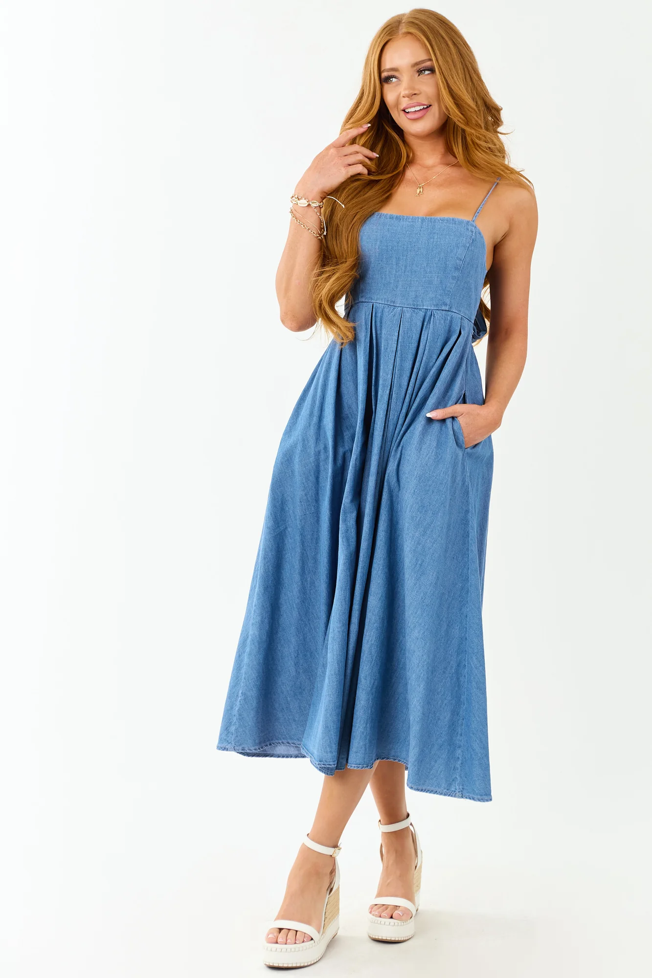 Chambray Denim Open Back Midi Dress