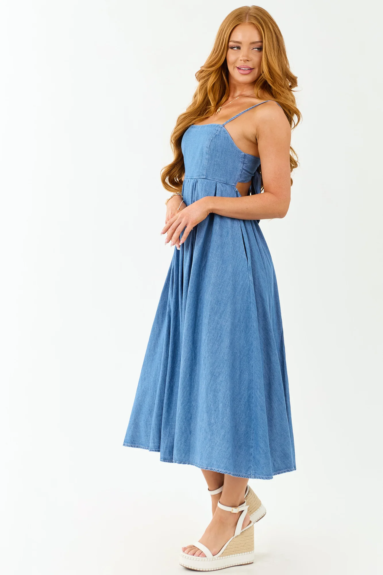 Chambray Denim Open Back Midi Dress