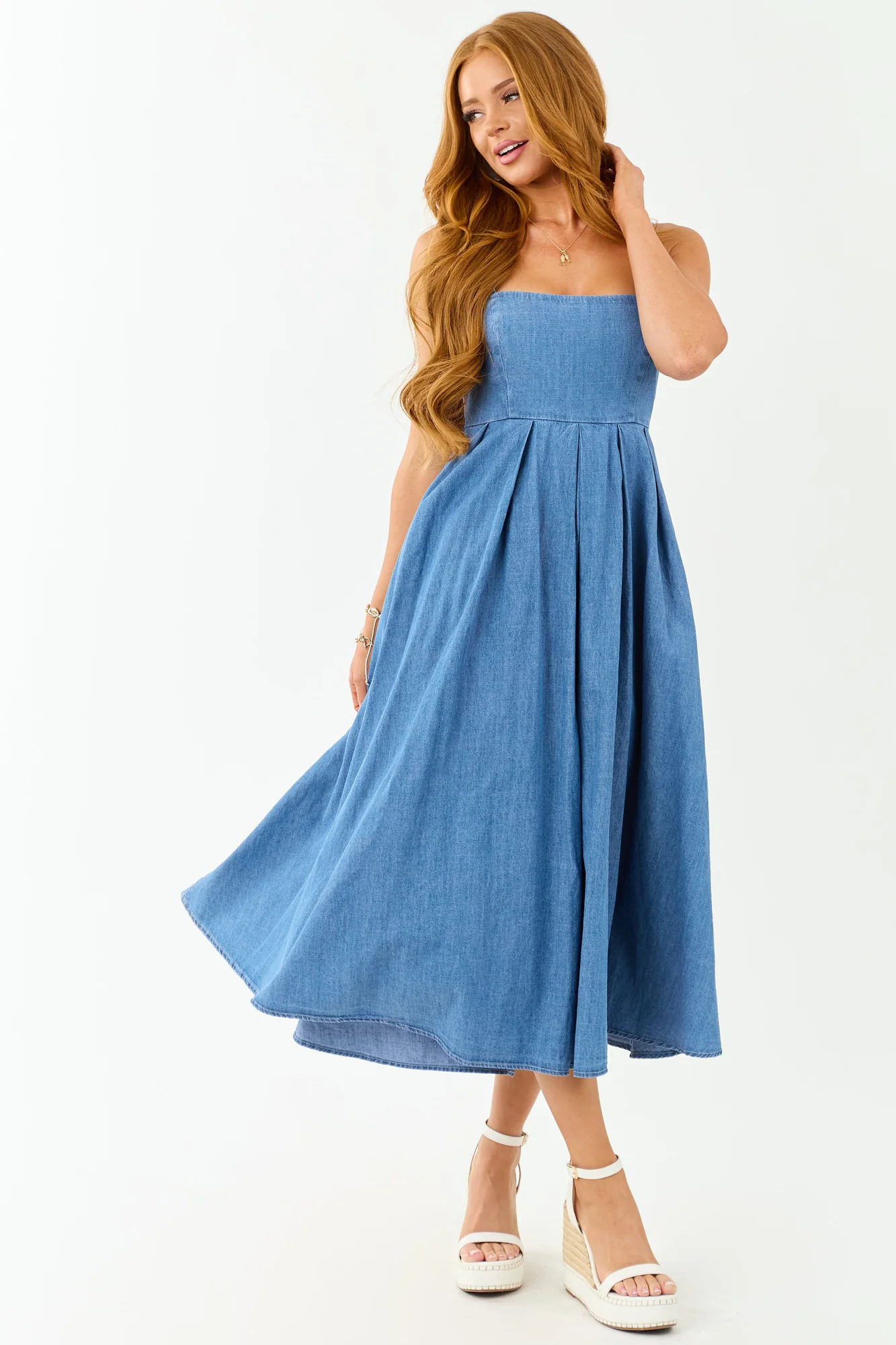 Chambray Denim Open Back Midi Dress