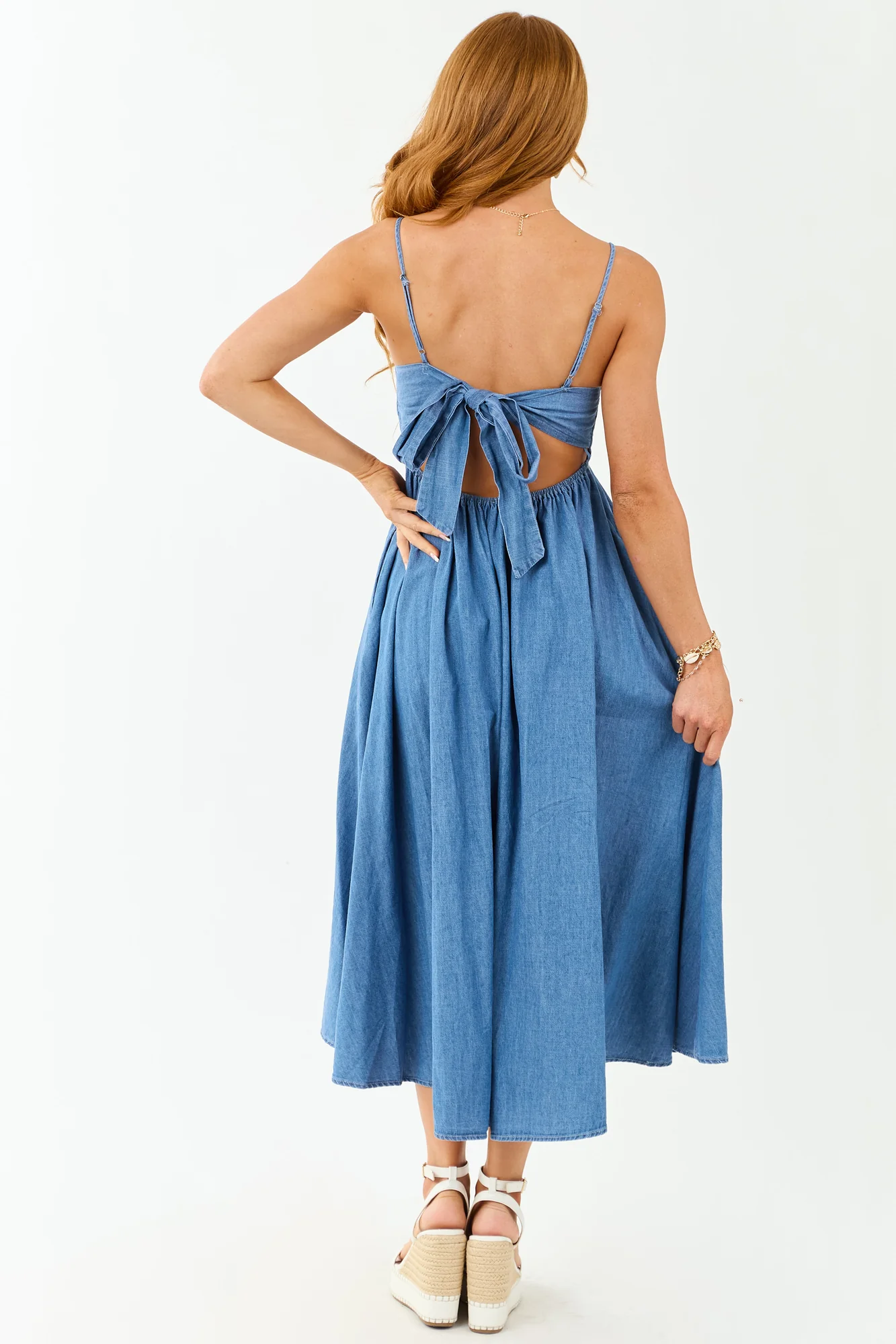 Chambray Denim Open Back Midi Dress