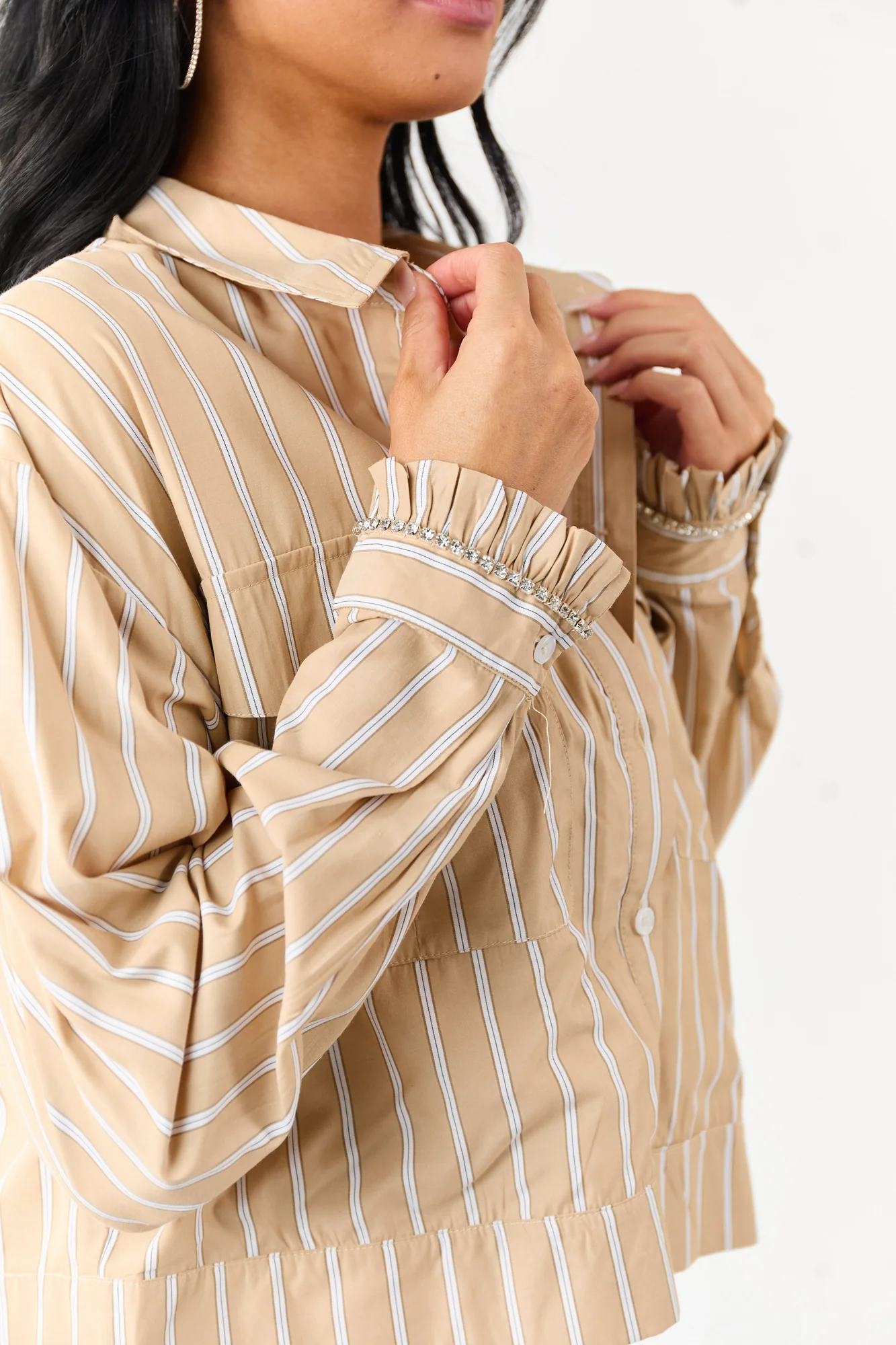Beige Striped Cotton Button-Up Top