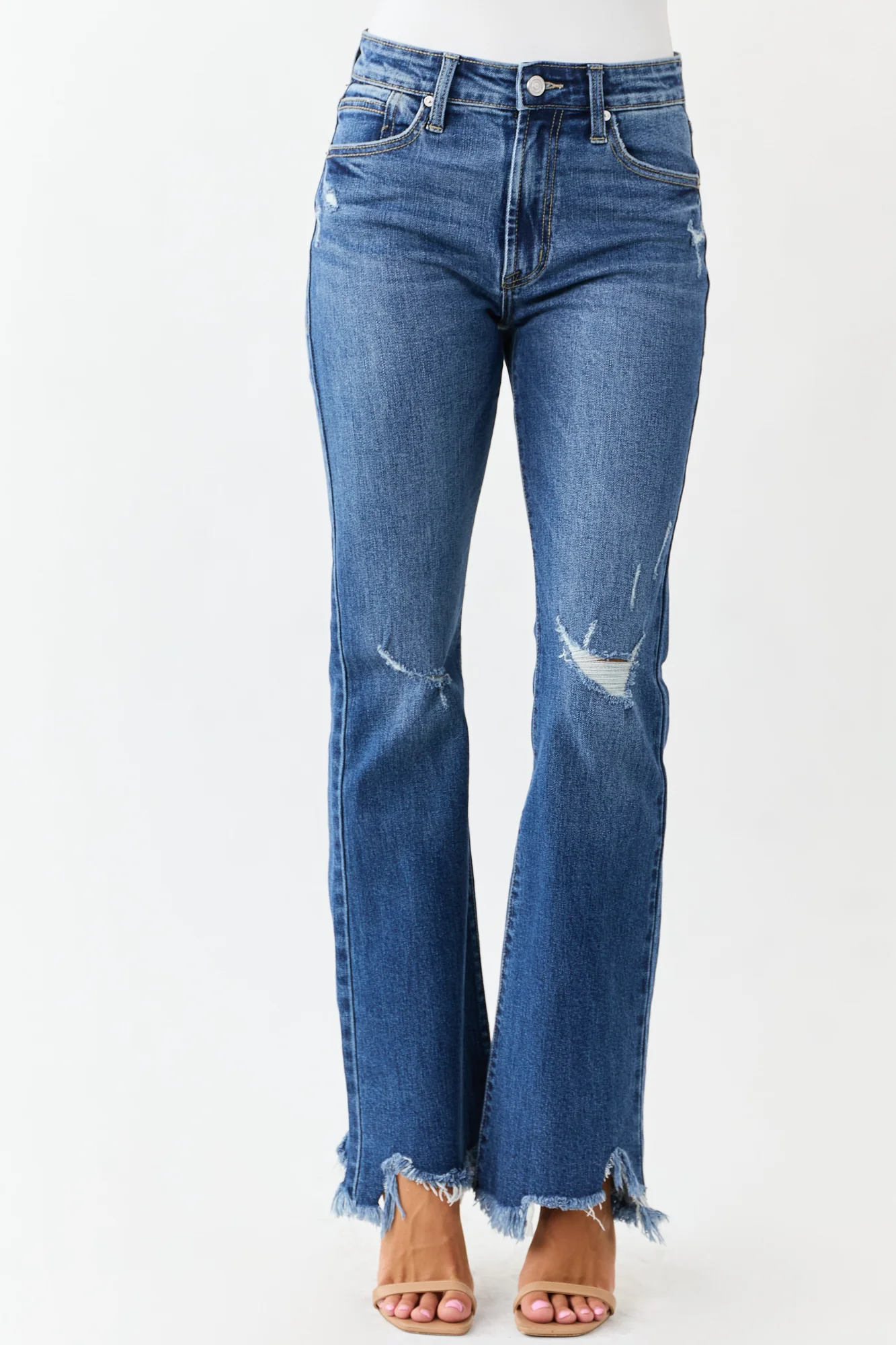 Medium Wash Distressed High Rise Flare Denim Jeans