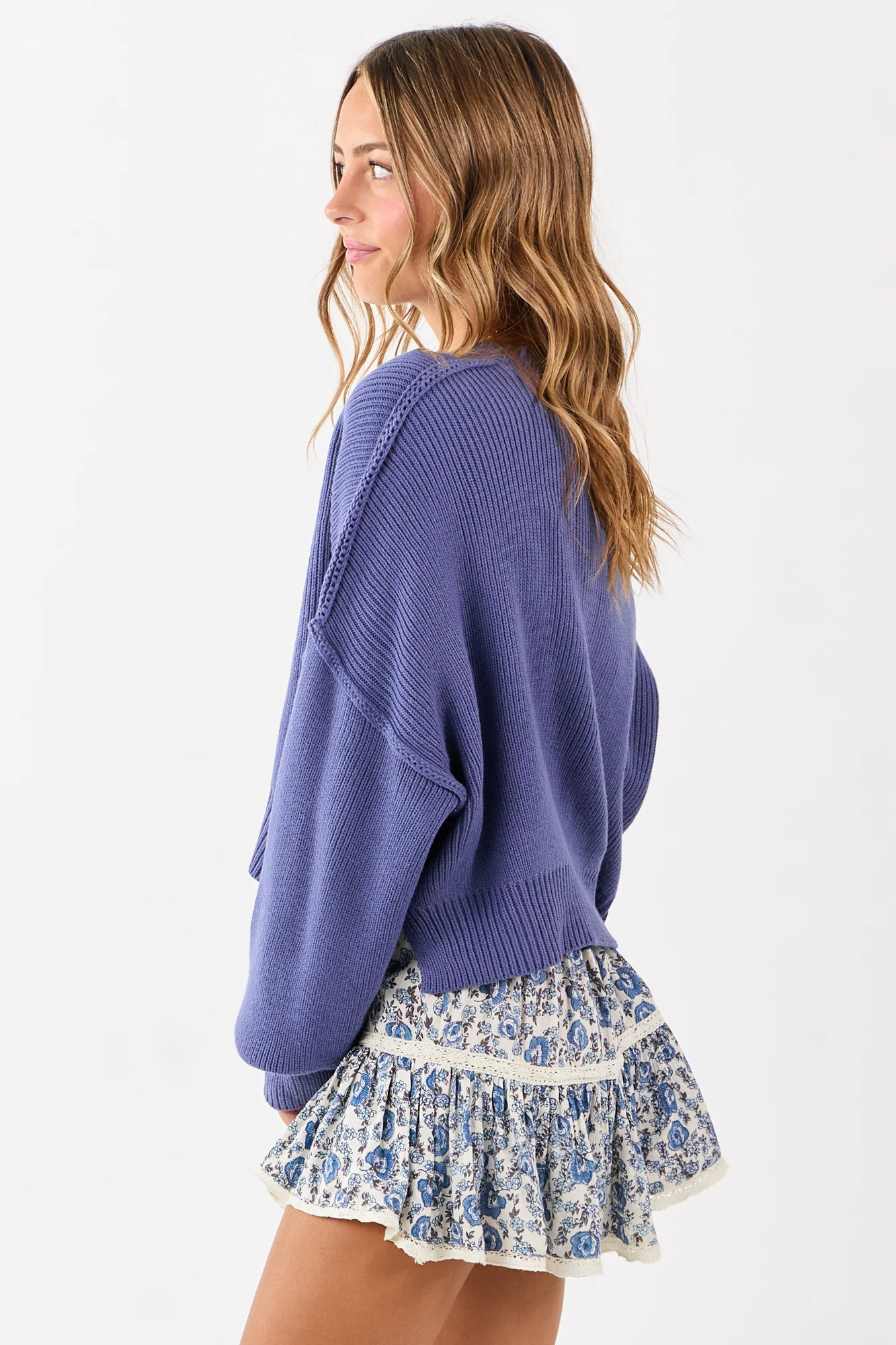 Dusty Blue Rib Knit Cropped Sweater