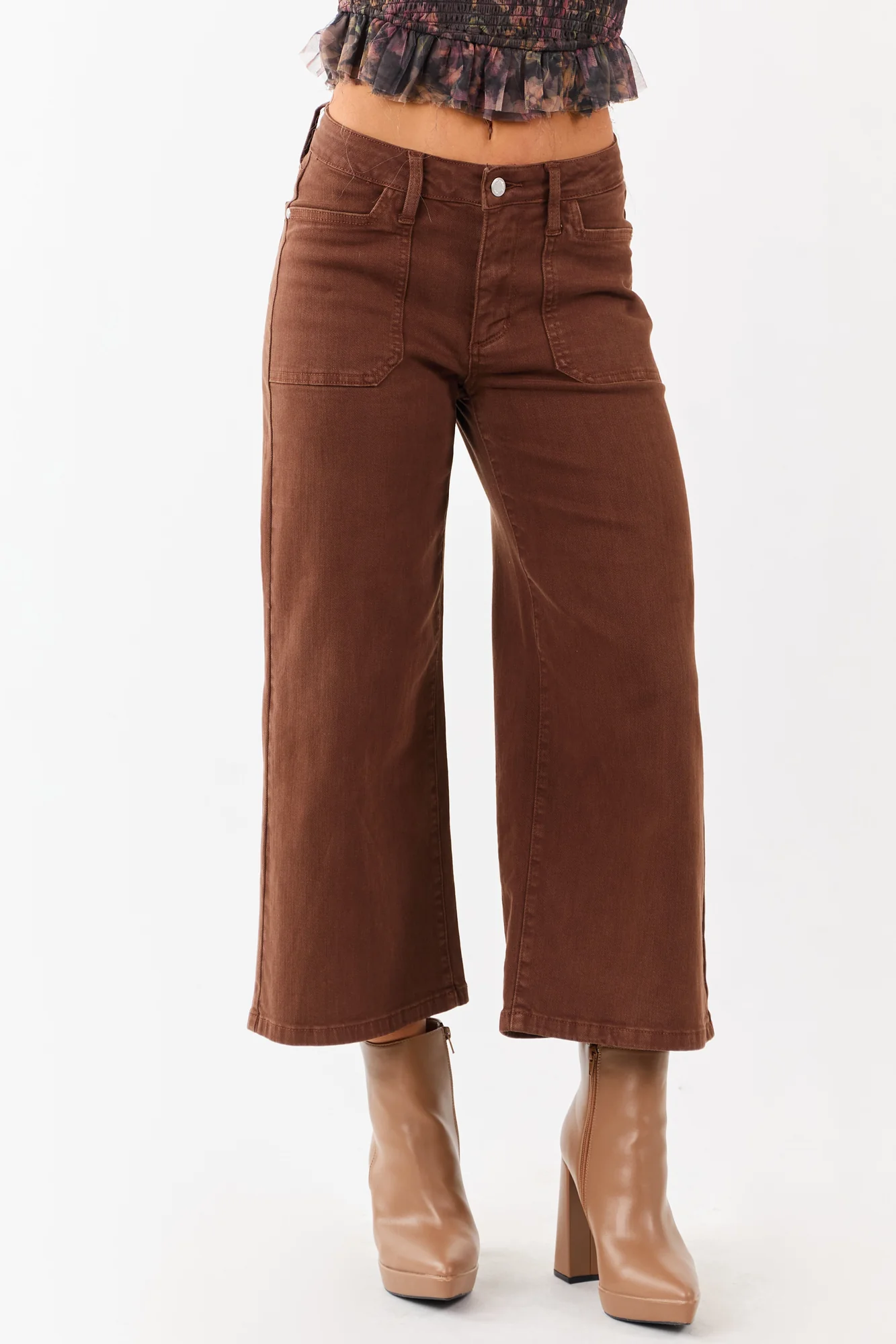 Coffee Wide Leg Cropped Jeans for Women, Stretchy & High-Rise