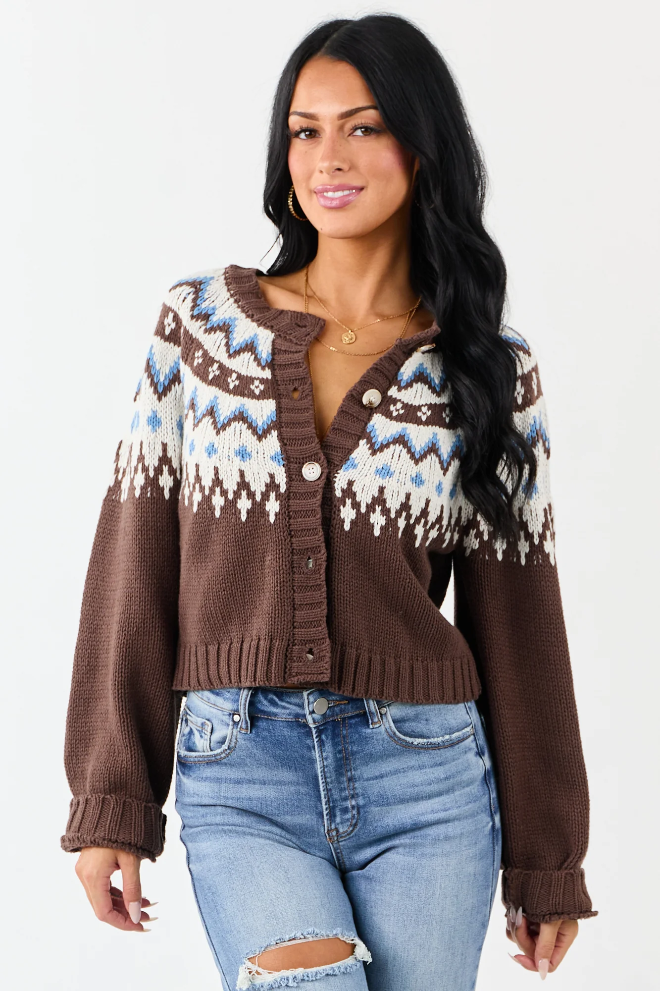 Fair Isle Print Cozy Cardigan - Ivory & Cornflower