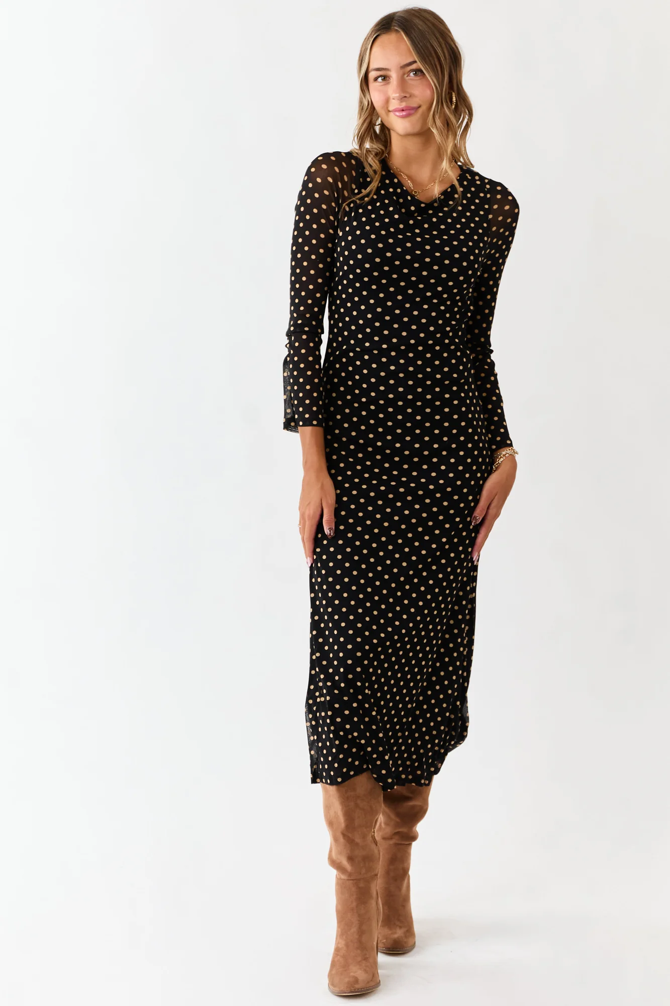 Black Polka Dot Mesh Midi Dress with Long Sleeves
