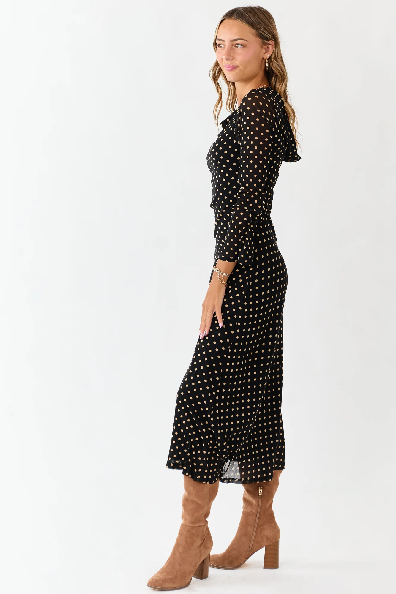 Black Polka Dot Mesh Midi Dress with Long Sleeves