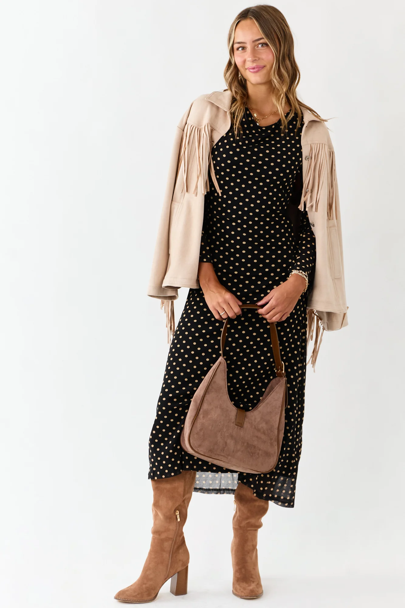 Black Polka Dot Mesh Midi Dress with Long Sleeves
