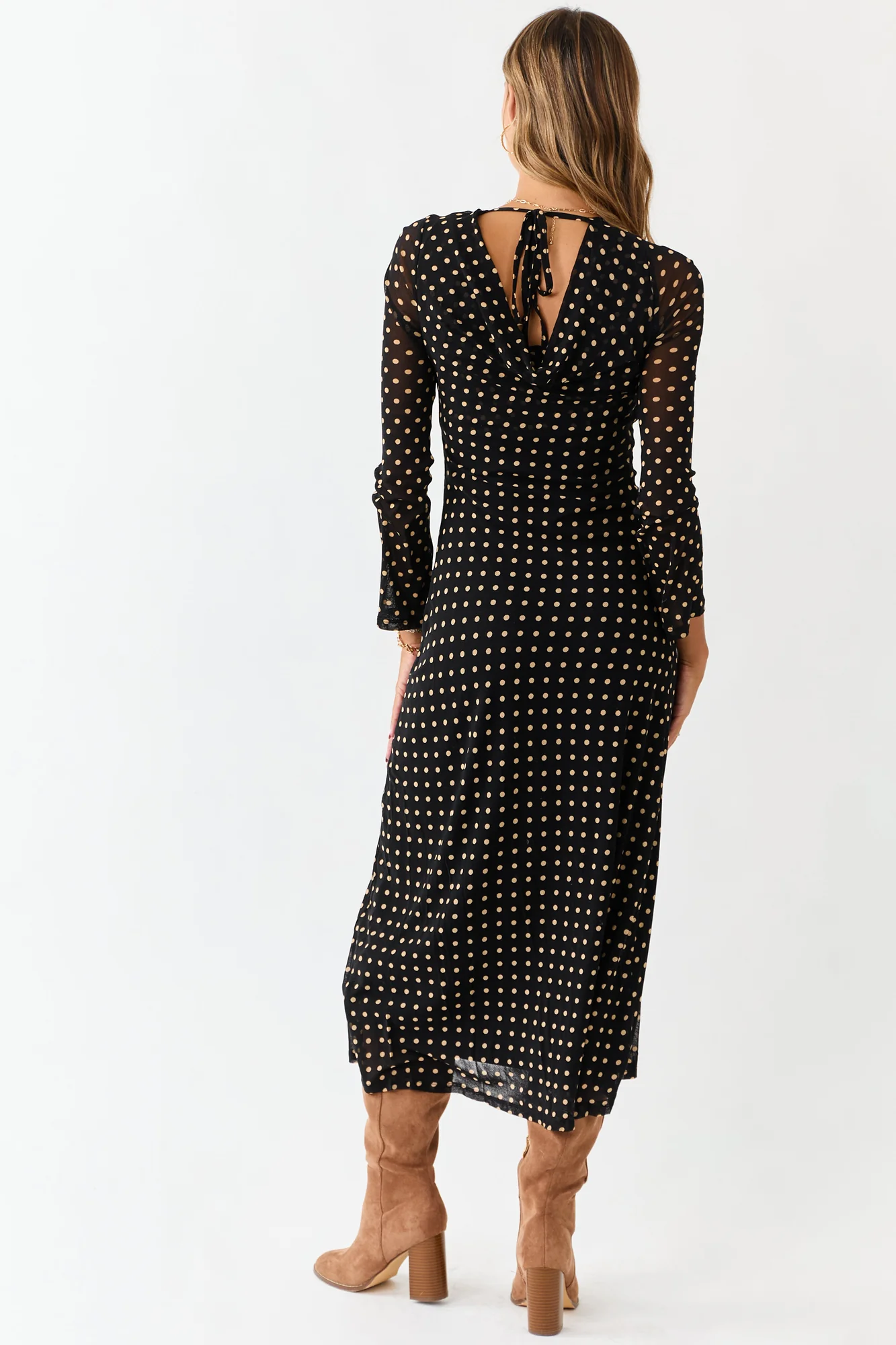 Black Polka Dot Mesh Midi Dress with Long Sleeves