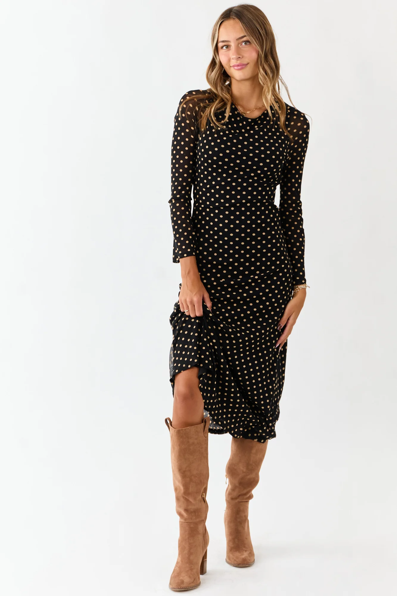 Black Polka Dot Mesh Midi Dress with Long Sleeves