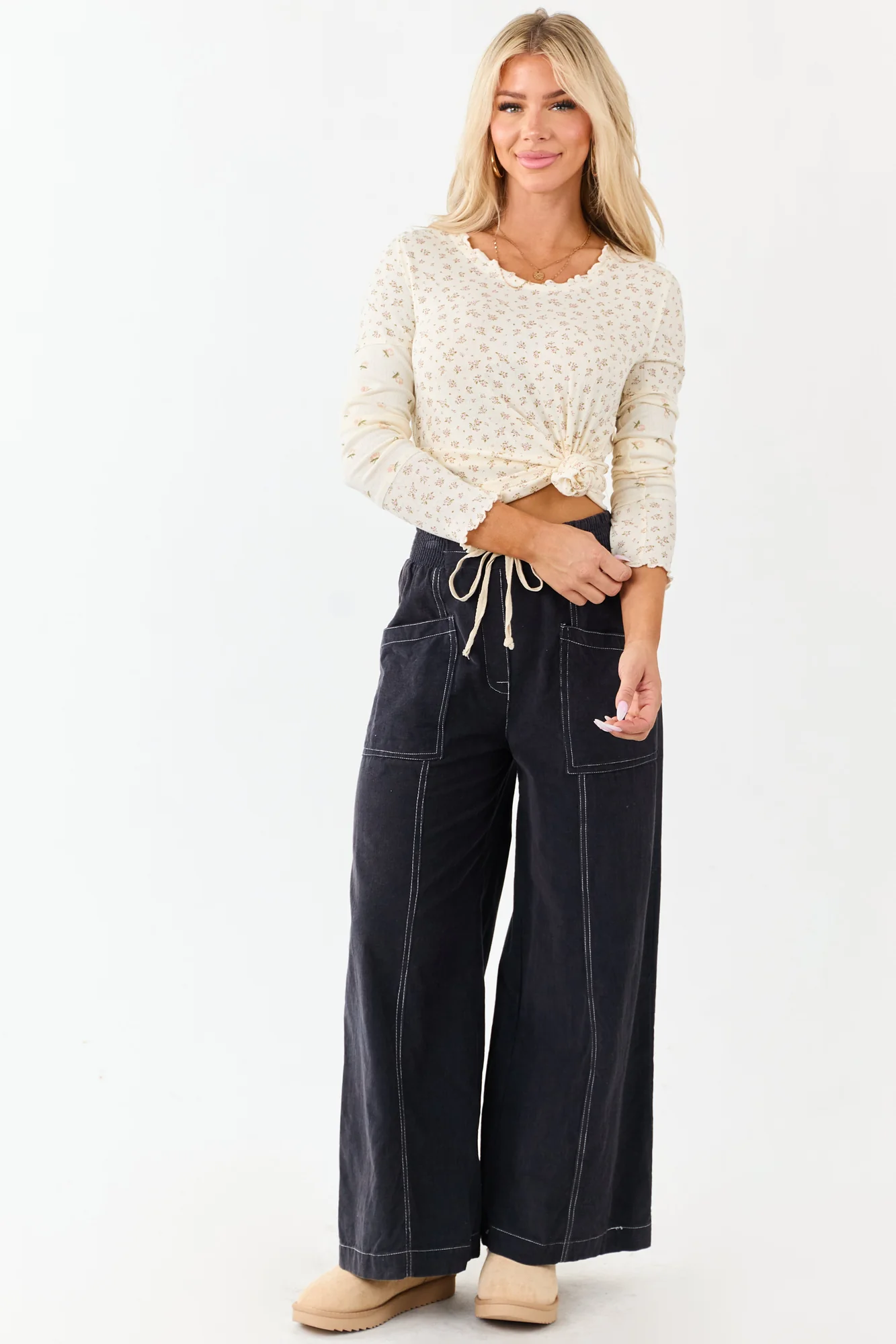 Cream Floral Long Sleeve Knit Top