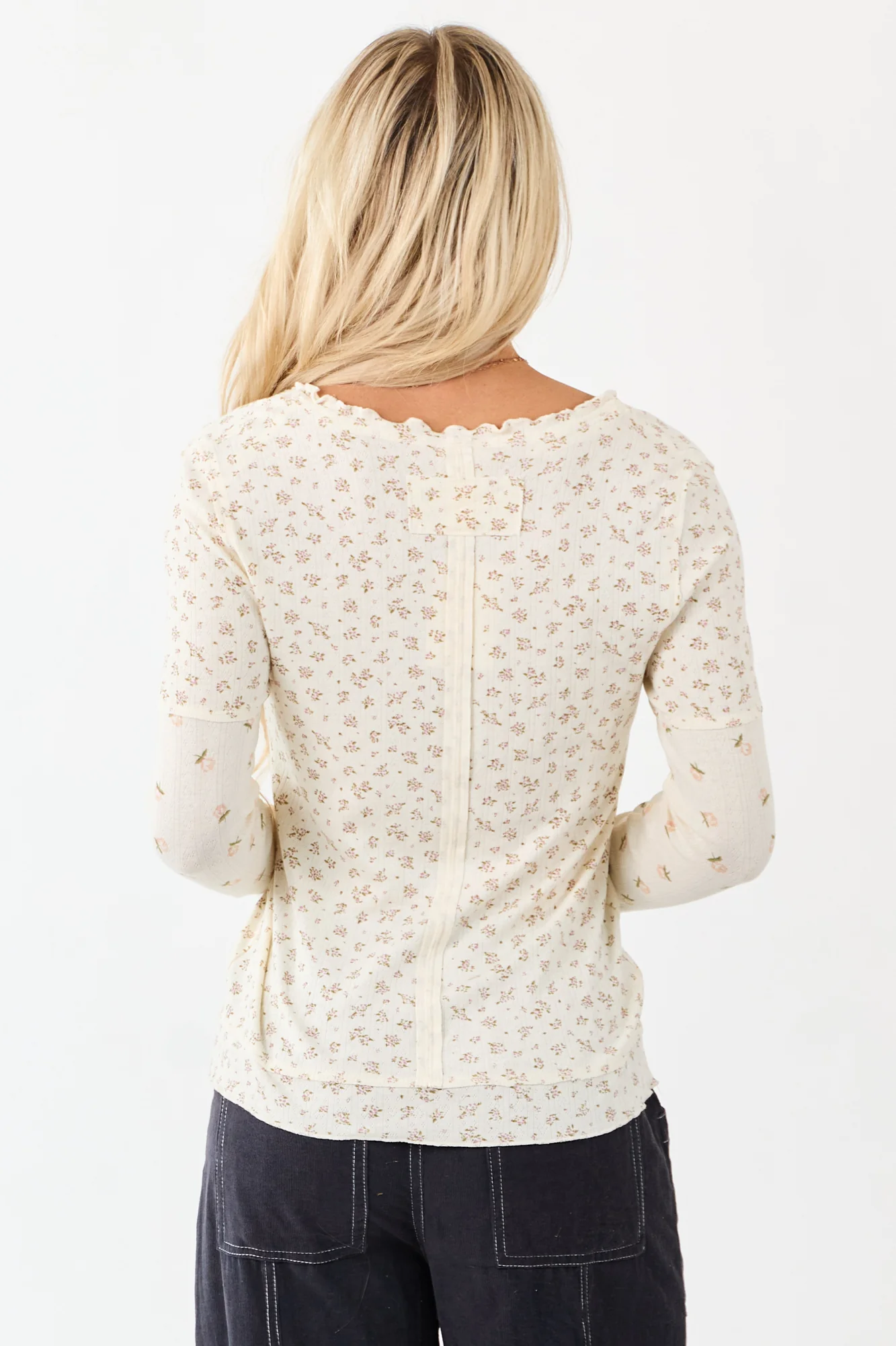Cream Floral Long Sleeve Knit Top