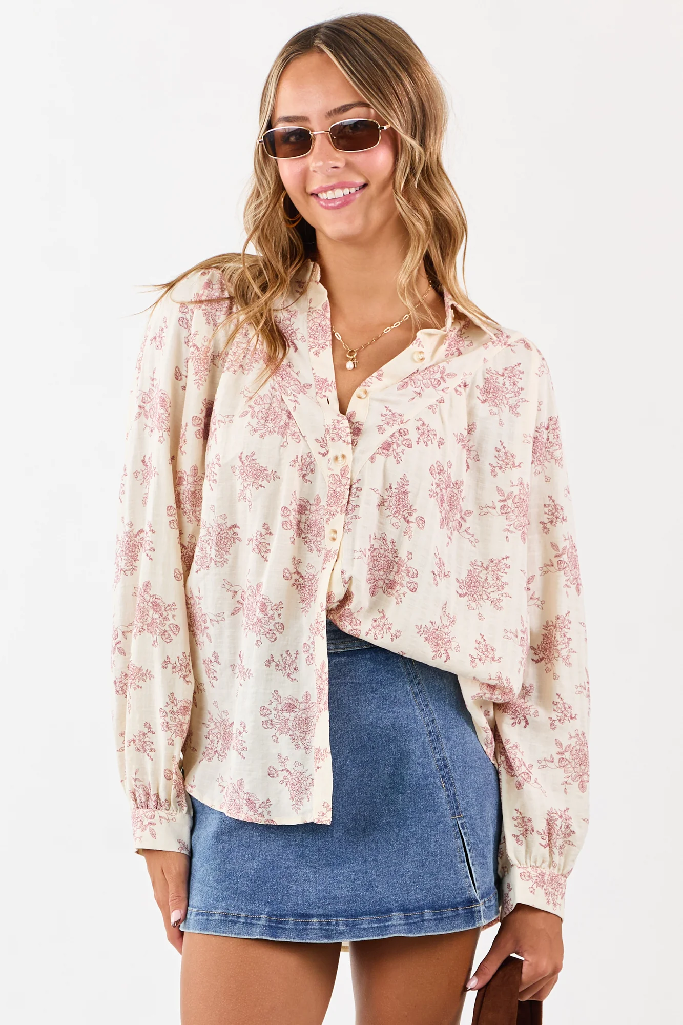 Breezy Cream Floral Cotton Button-Up Top