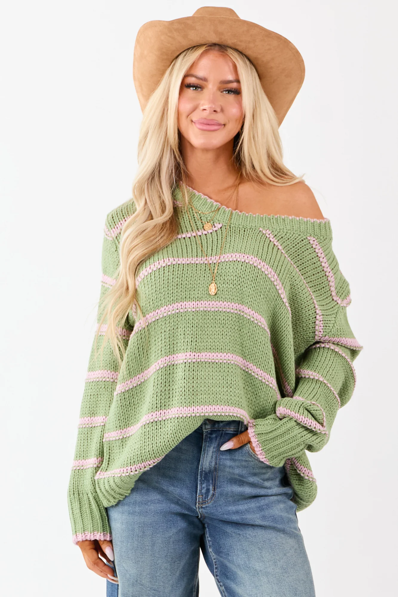 Cozy Dusty Blush Striped V-Neck Knit Sweater