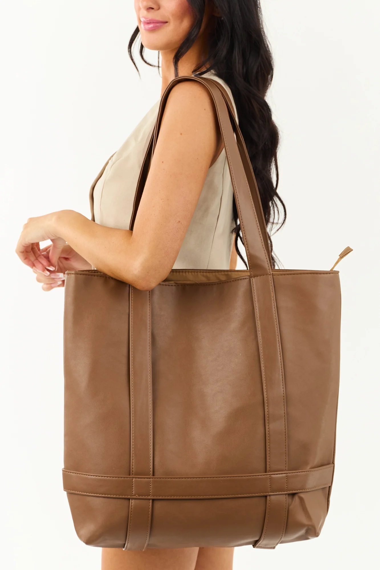 Brown Faux Leather Large Tote Bag with Zipper Closure