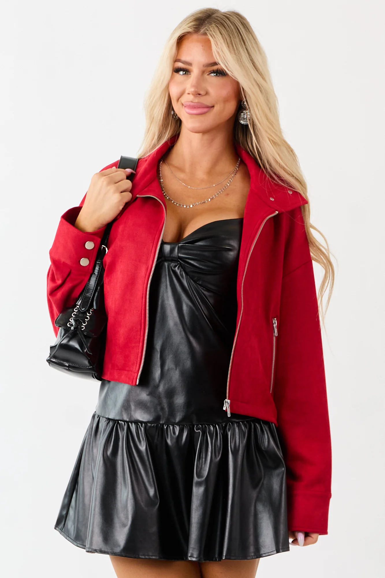 Red Faux Suede Zip Up Jacket