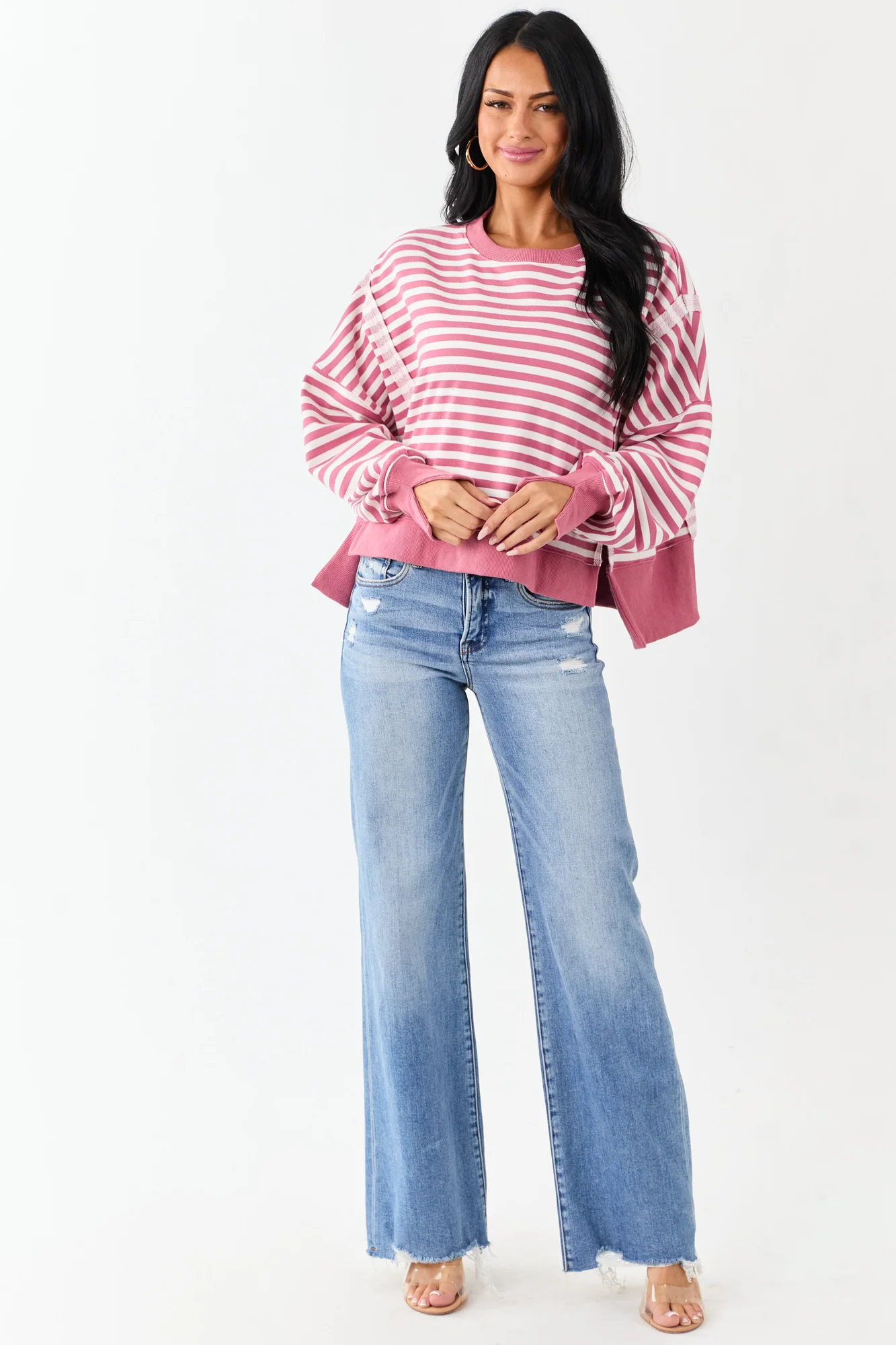 Boxy Breezy Pink Striped Sweatshirt