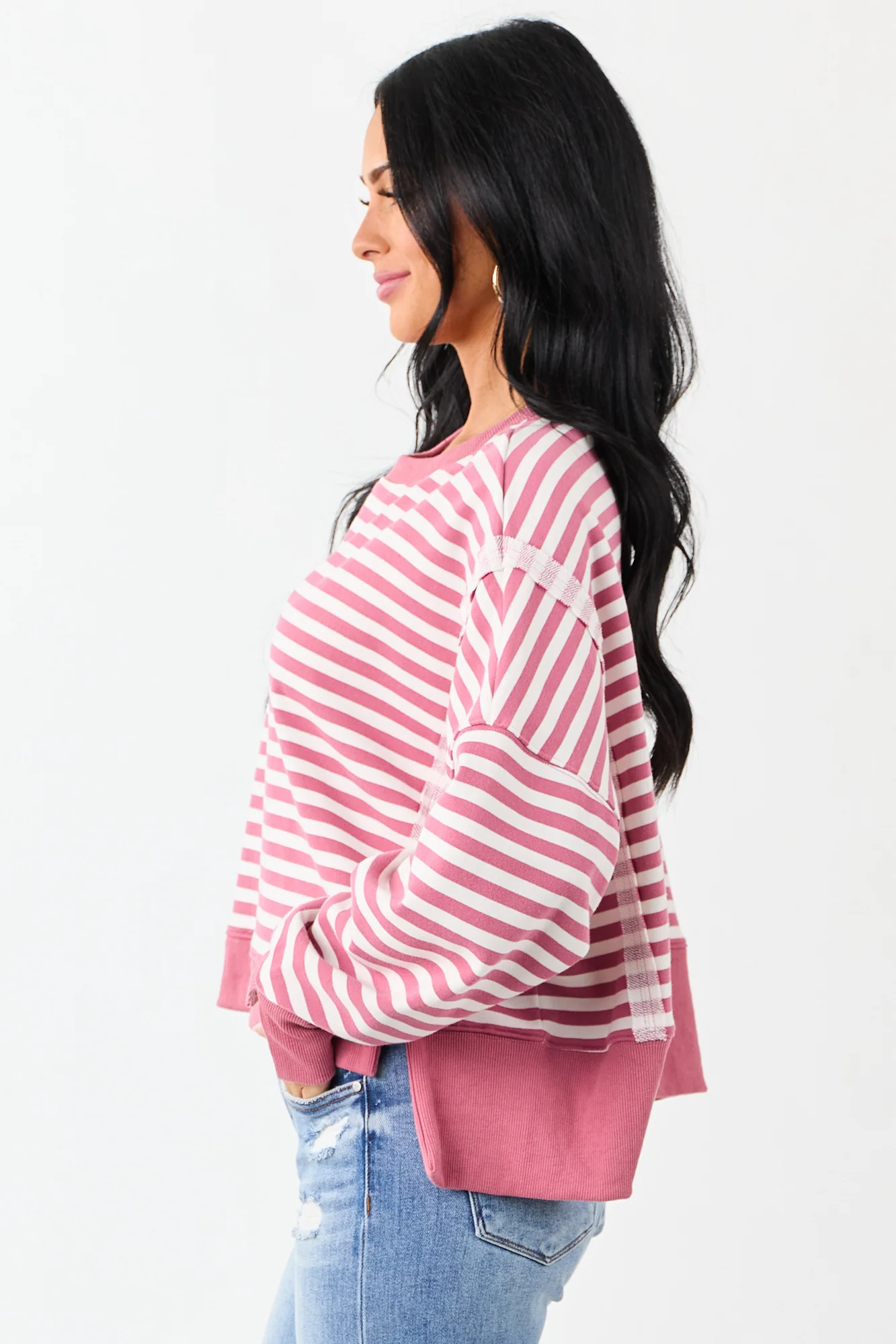Boxy Breezy Pink Striped Sweatshirt