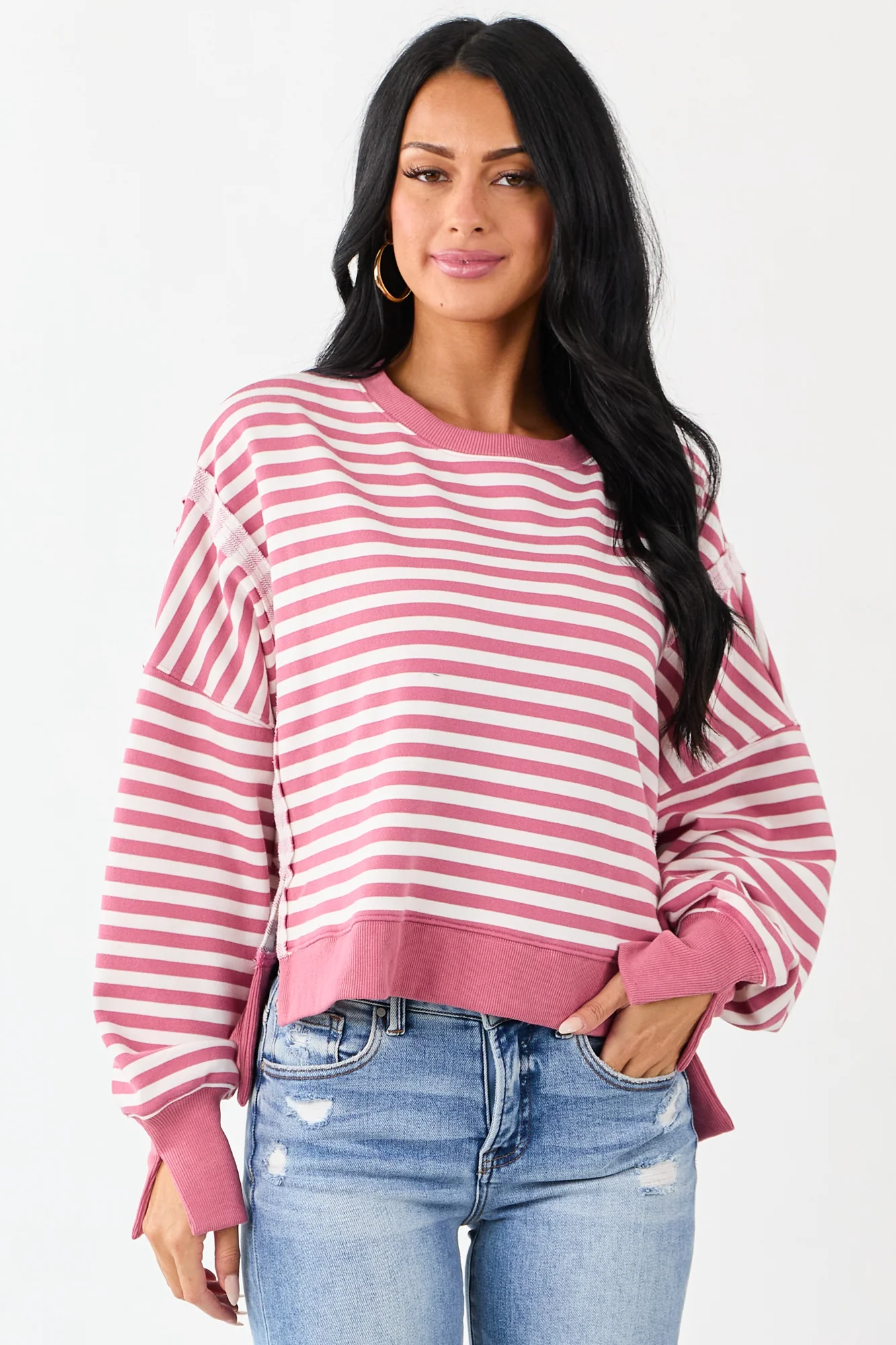 Boxy Breezy Pink Striped Sweatshirt