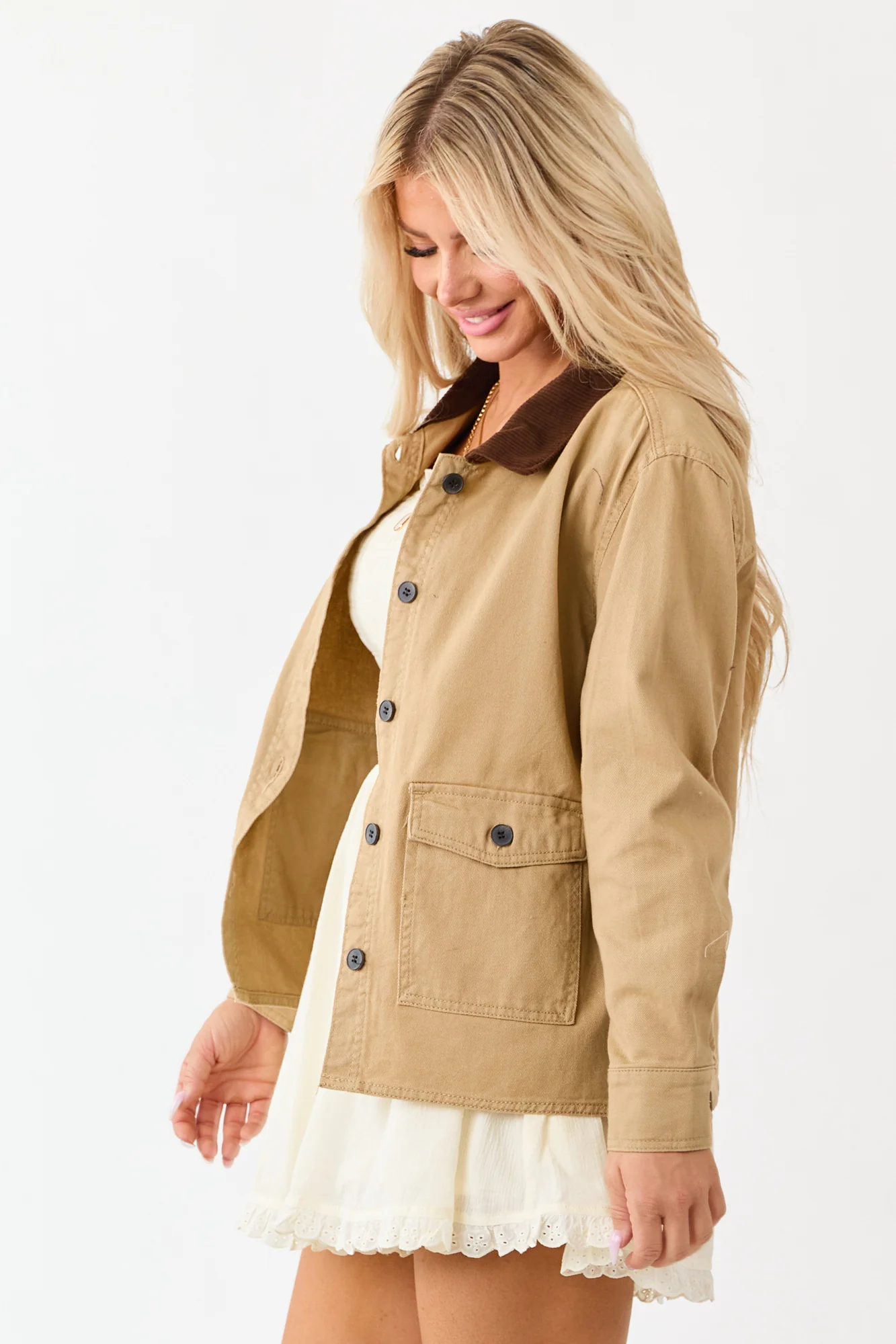Brown Denim Barn Style Jacket with Corduroy Collar