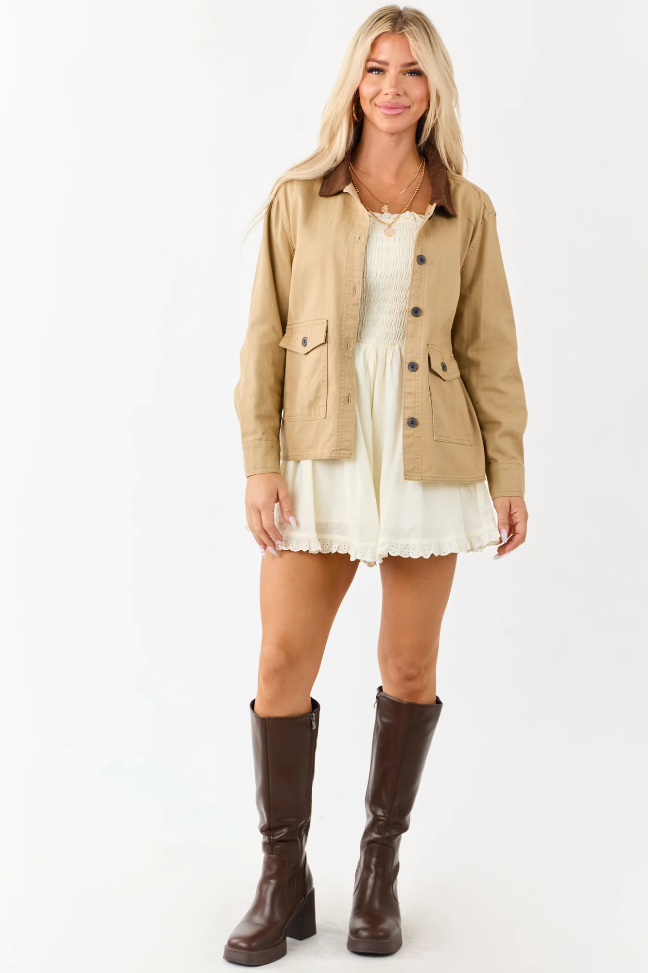 Brown Denim Barn Style Jacket with Corduroy Collar