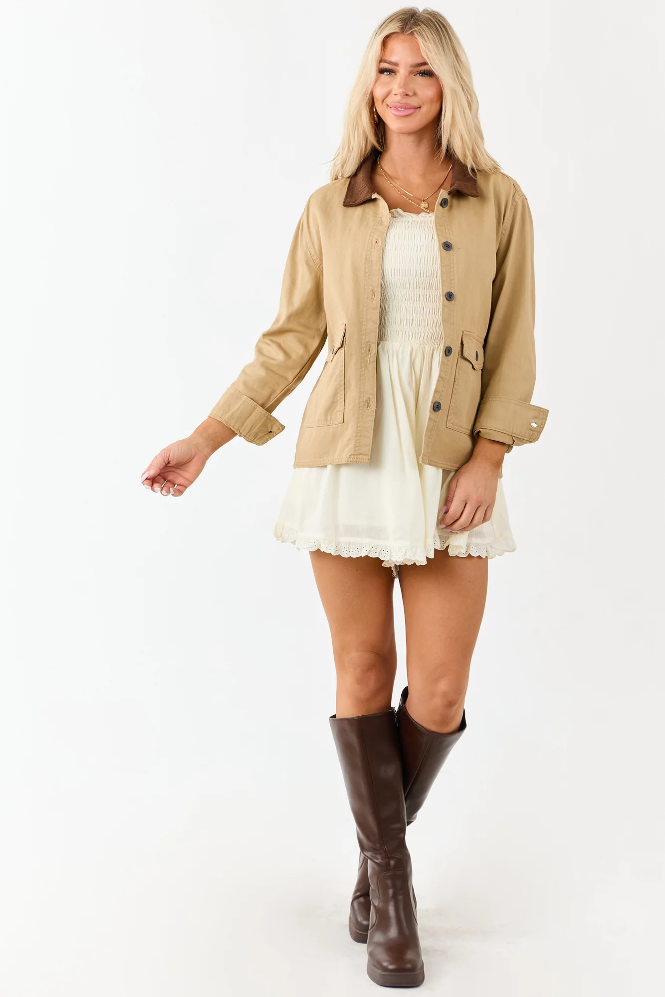 Brown Denim Barn Style Jacket with Corduroy Collar