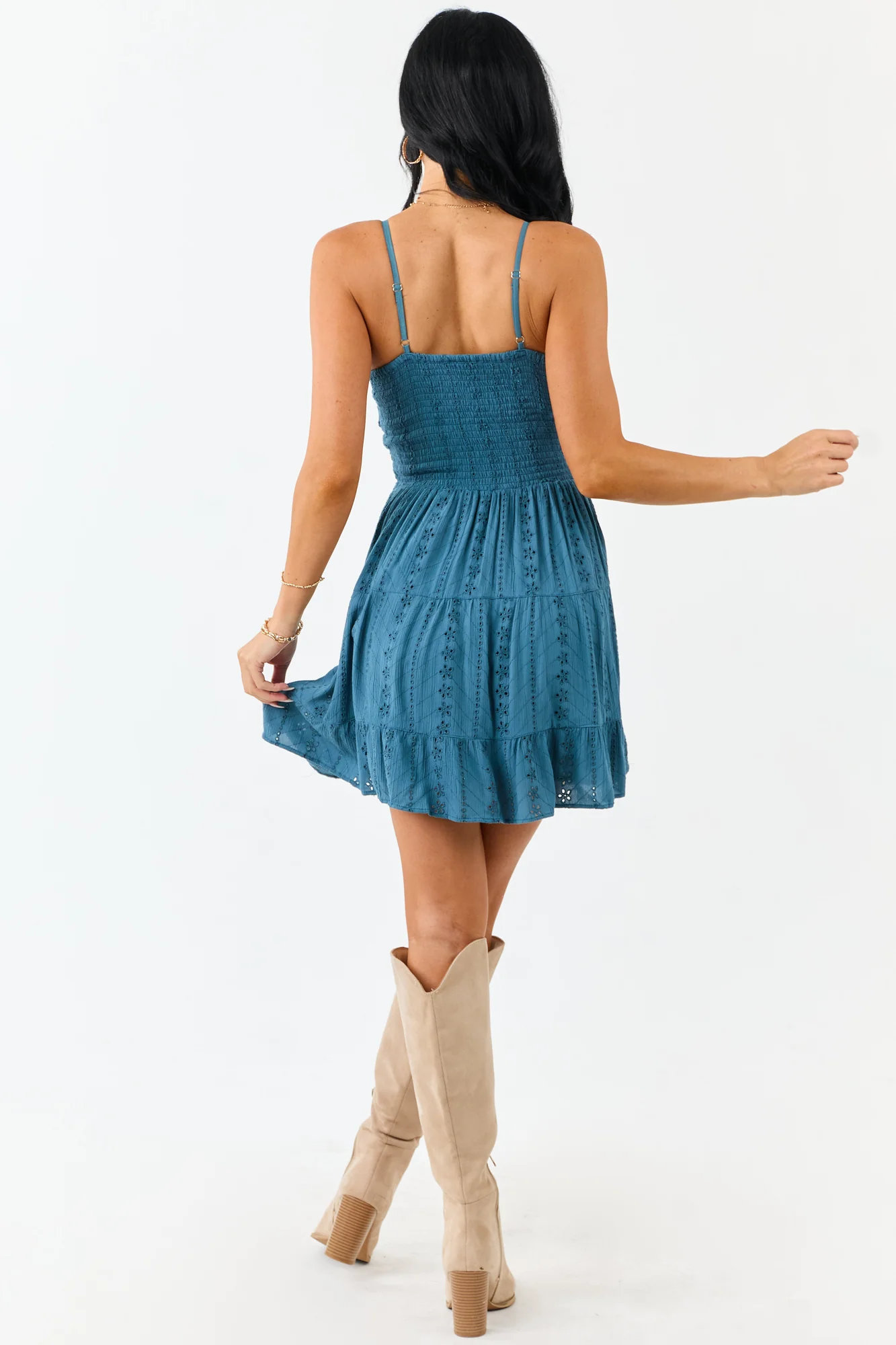 Blue Eyelet Tiered Mini Dress with Twist Bust Cut-Out