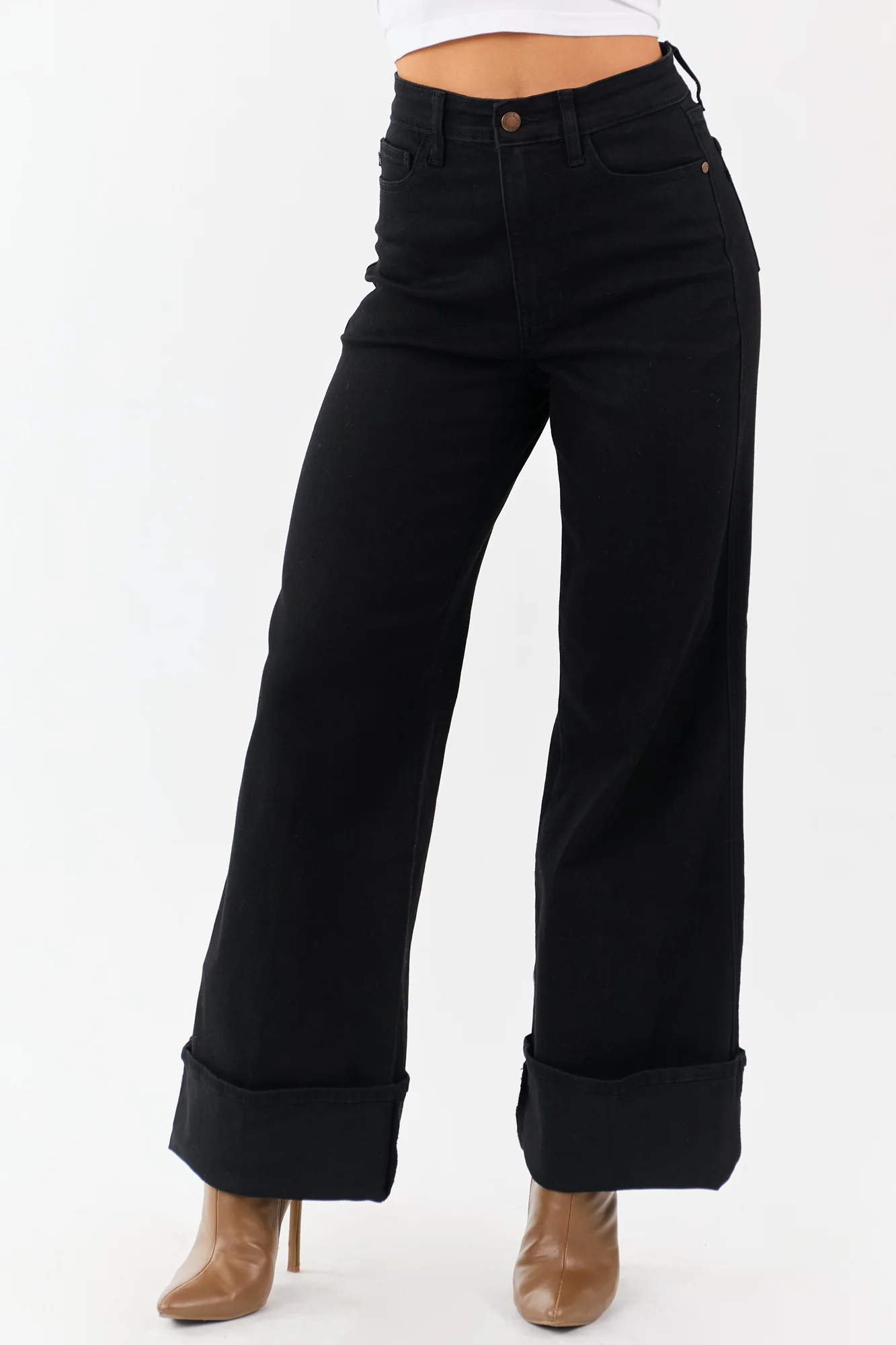 Black Stretchy High Rise Wide Leg Jeans with Cuffed Hem