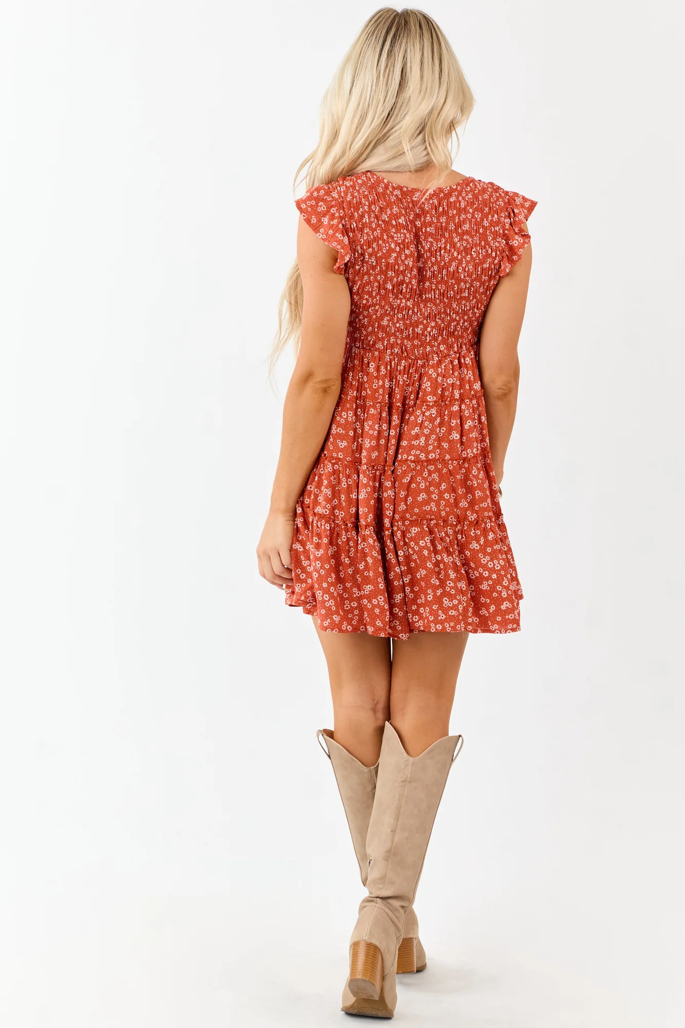 Ditsy Floral Print Smocked Mini Dress Orange Cap Sleeve