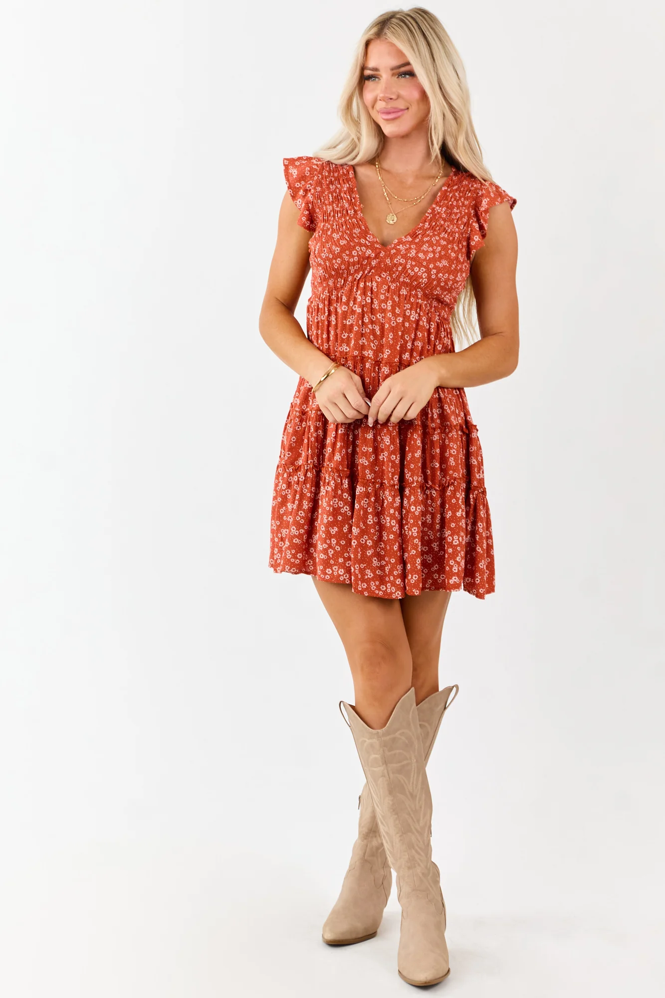 Ditsy Floral Print Smocked Mini Dress Orange Cap Sleeve