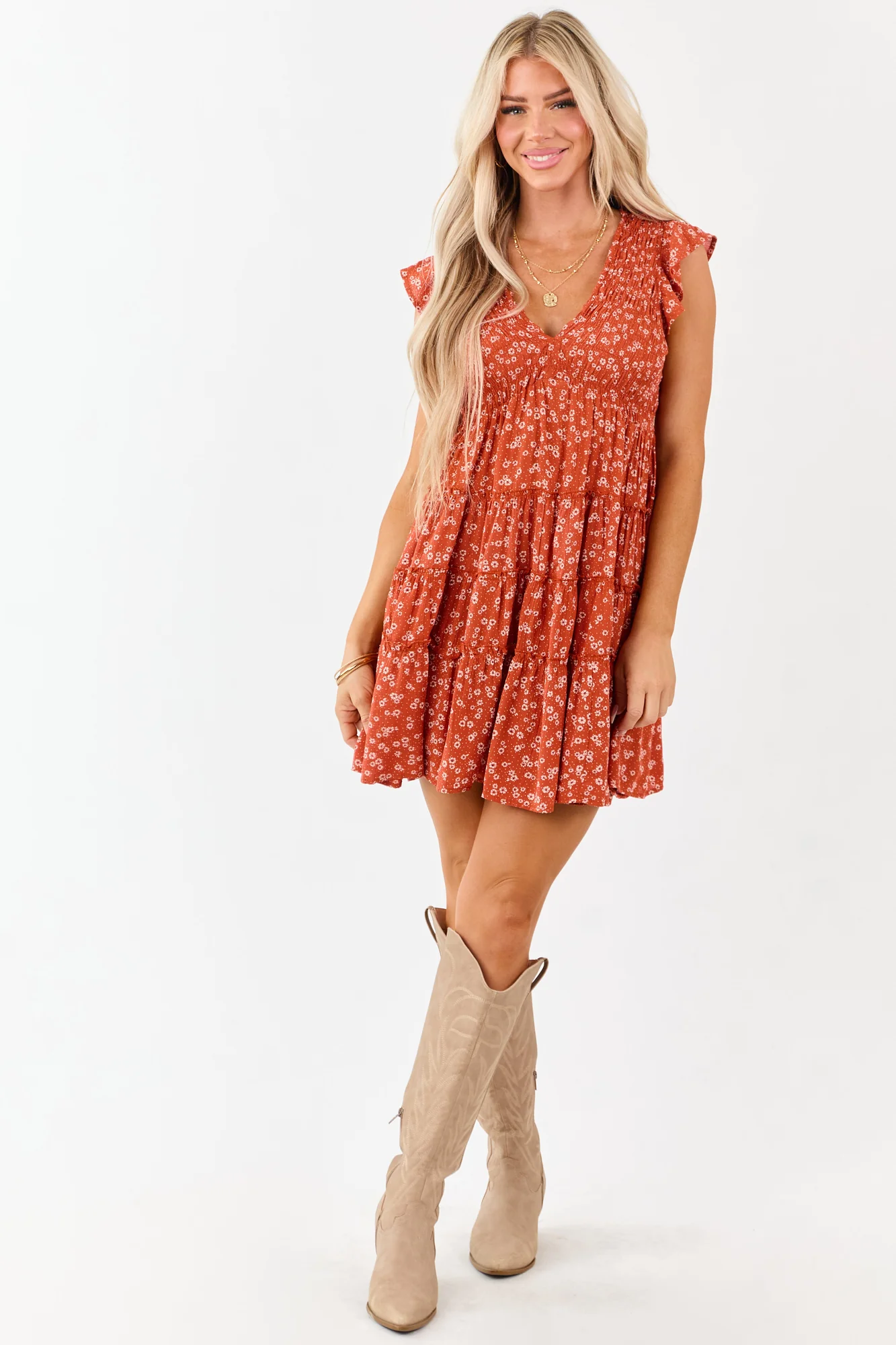 Ditsy Floral Print Smocked Mini Dress Orange Cap Sleeve