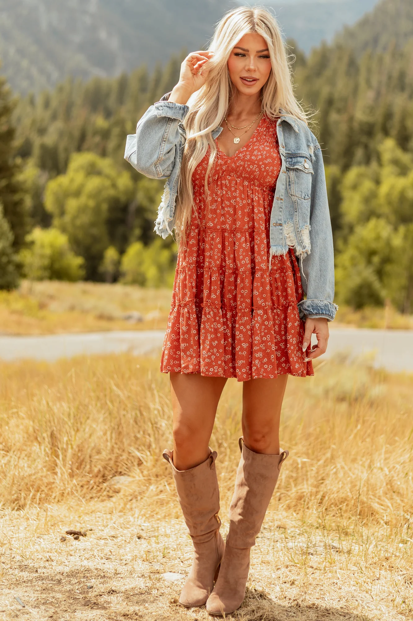 Ditsy Floral Print Smocked Mini Dress Orange Cap Sleeve