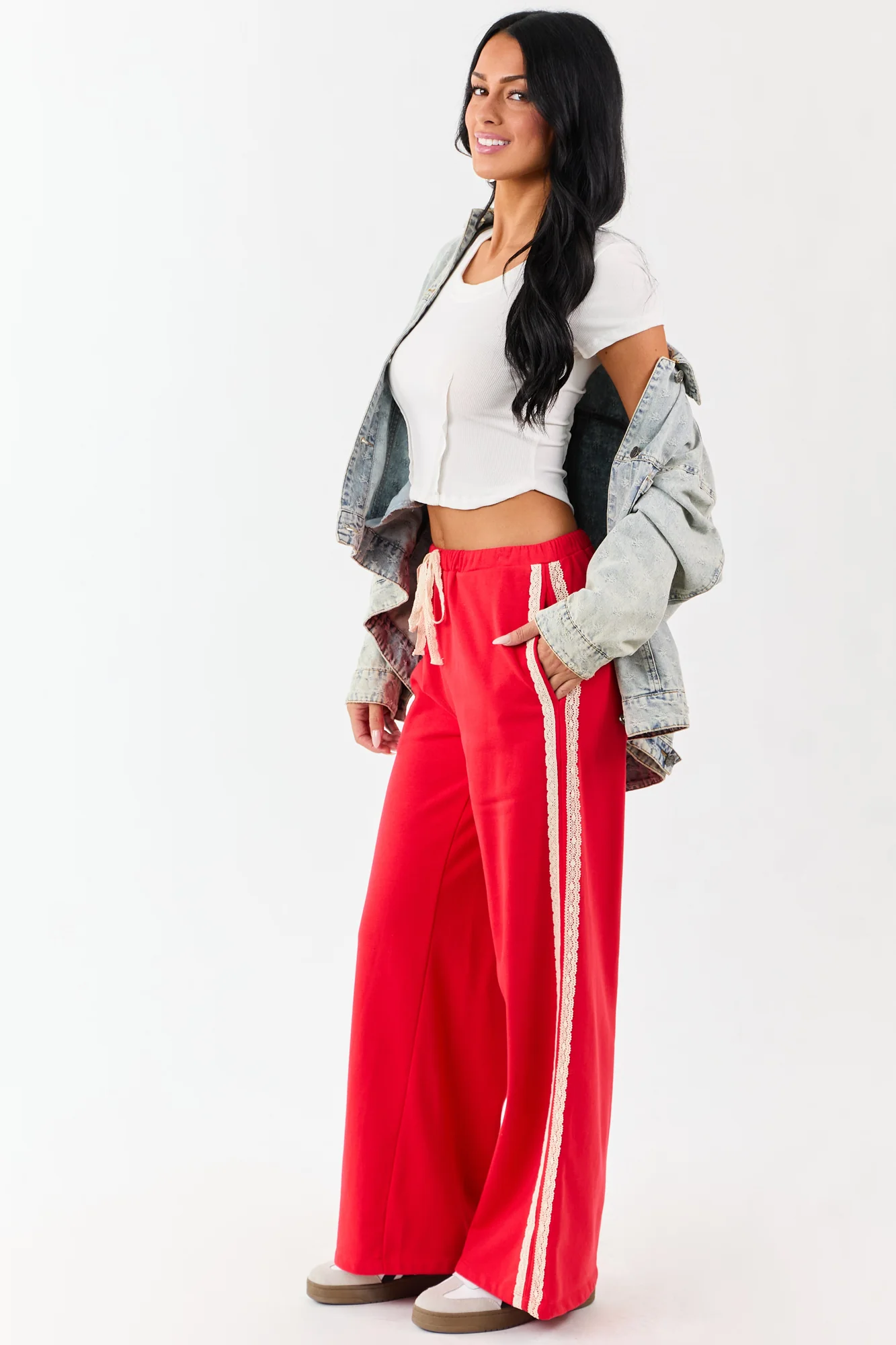 Red Lace Drawstring Wide Leg Pants