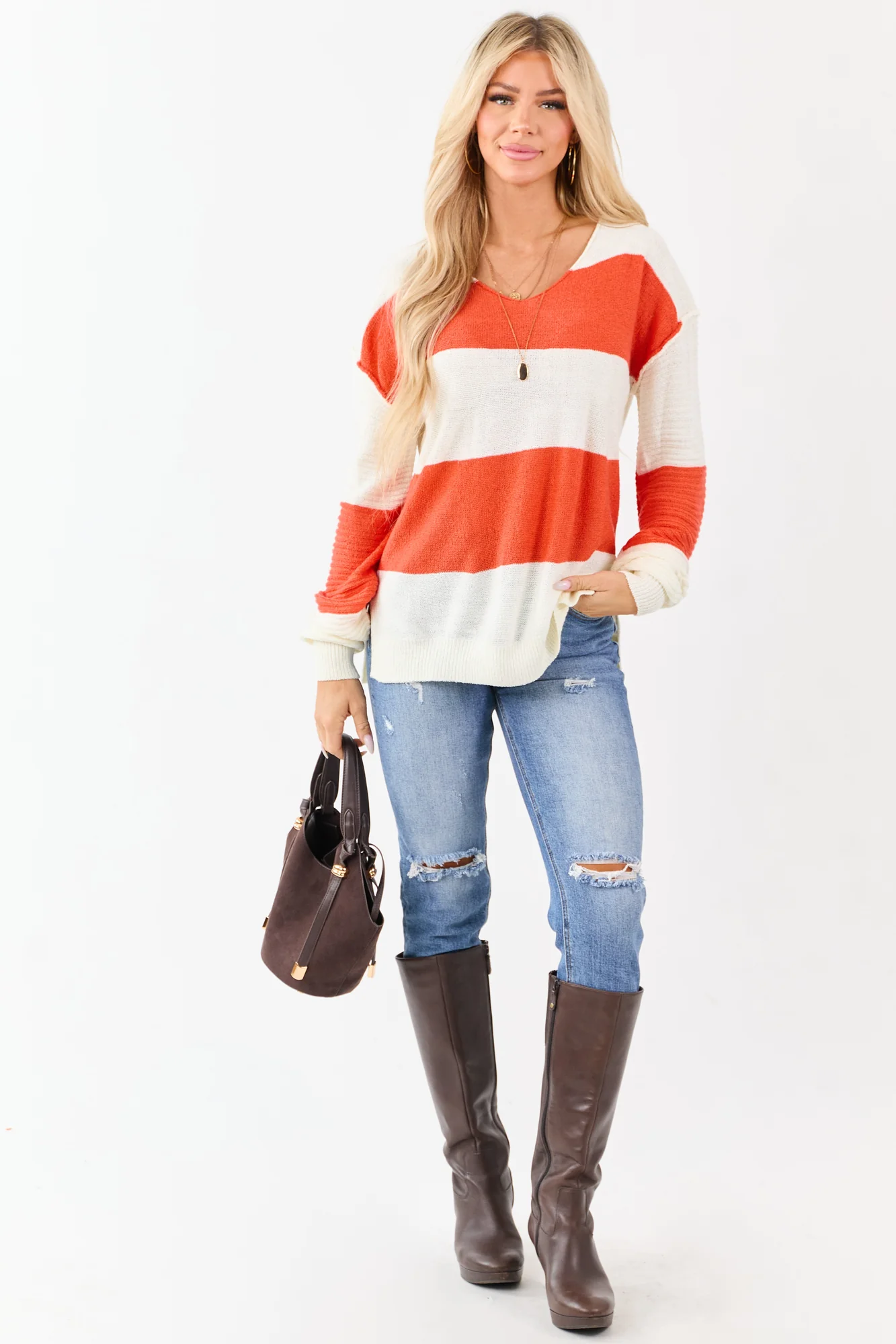 Colorblock Striped V Neck Sweater in Fall Colors