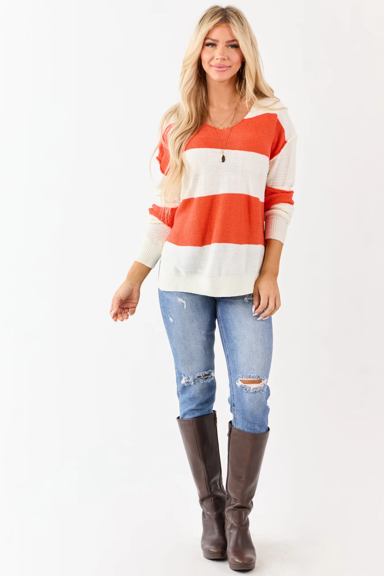 Colorblock Striped V Neck Sweater in Fall Colors