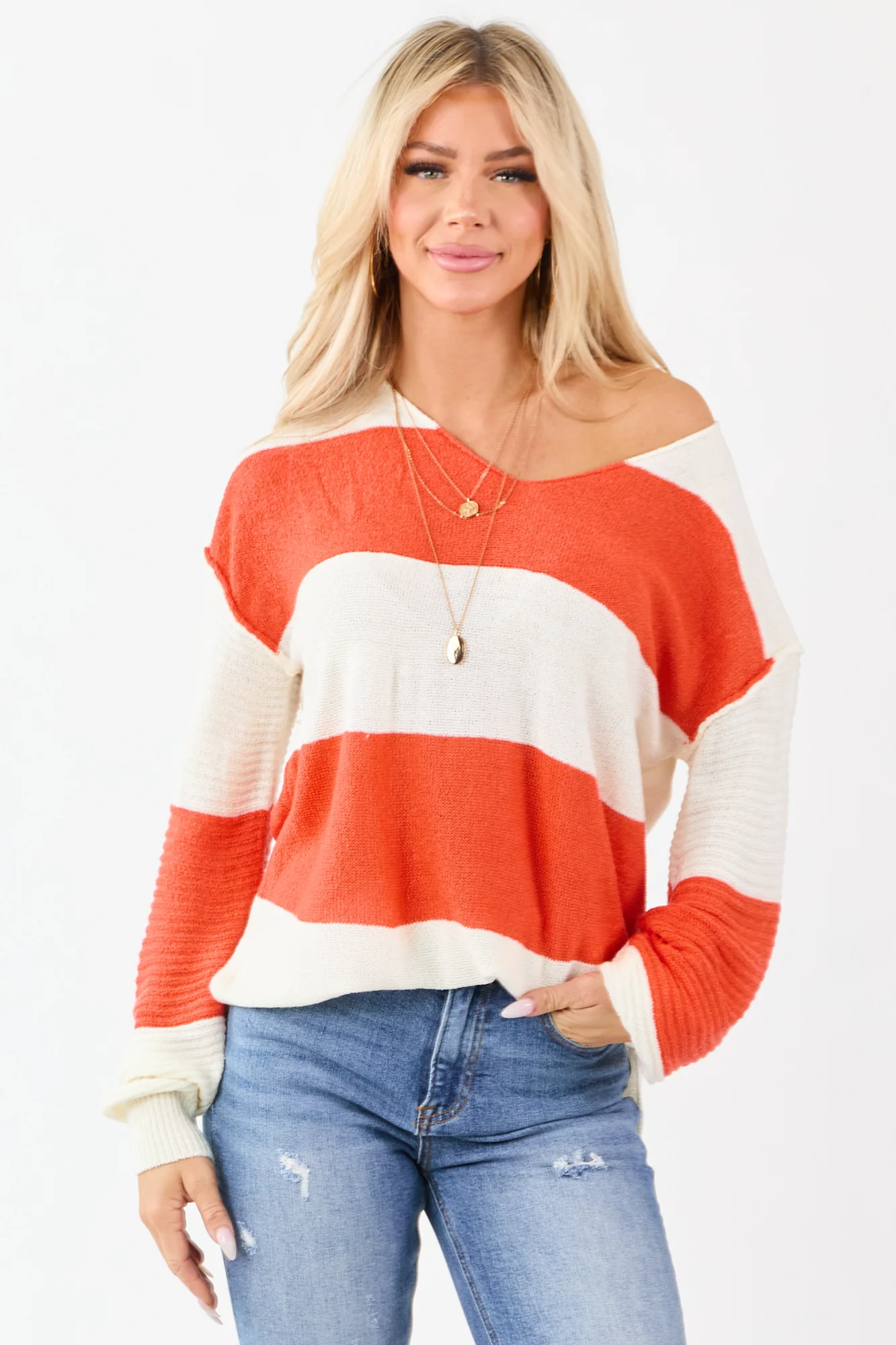 Colorblock Striped V Neck Sweater in Fall Colors