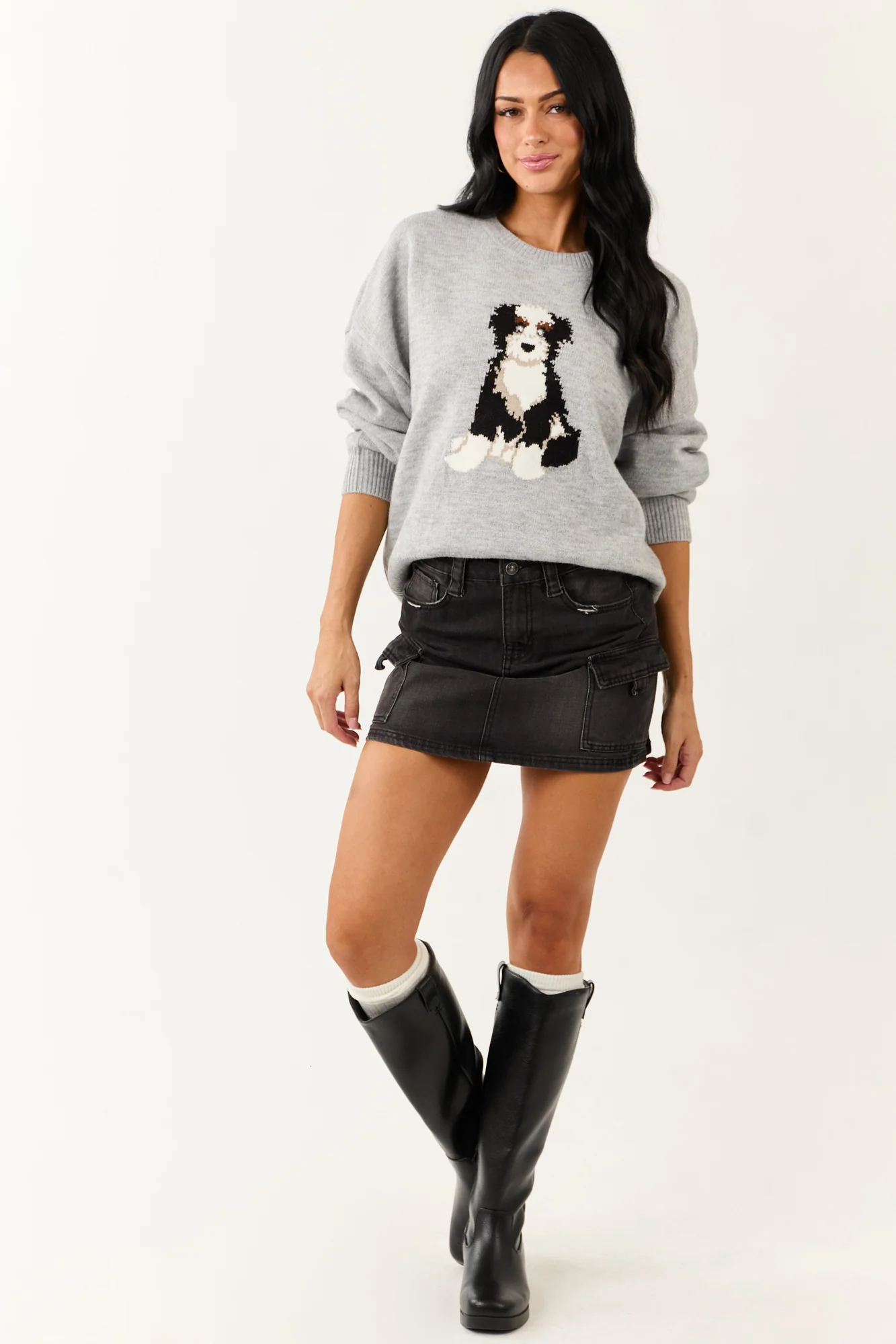 Soft Knit Puppy Graphic Sweater - Dove Grey