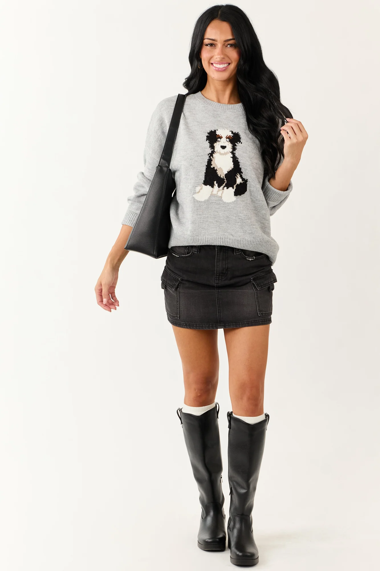 Soft Knit Puppy Graphic Sweater - Dove Grey