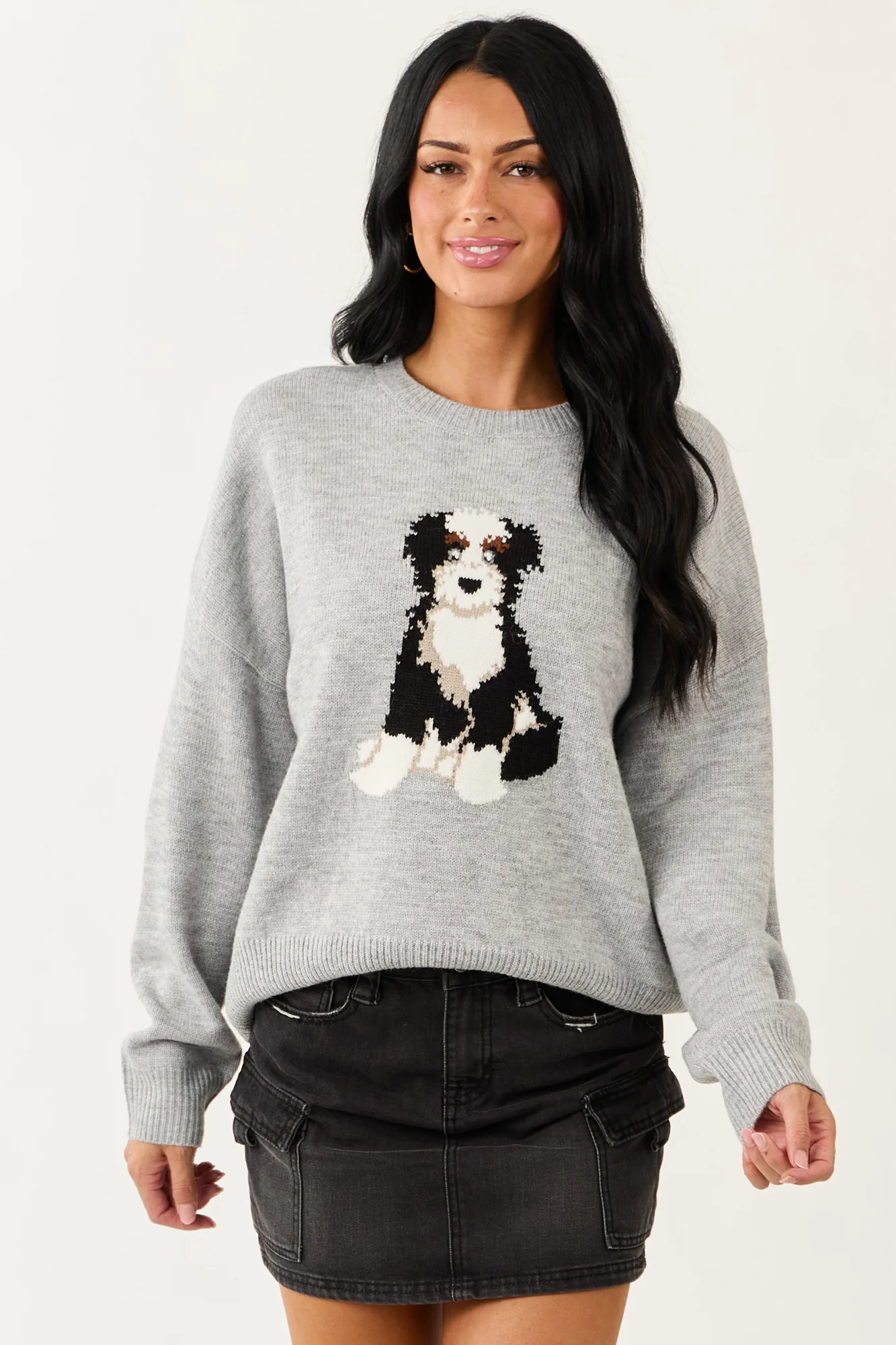Soft Knit Puppy Graphic Sweater - Dove Grey
