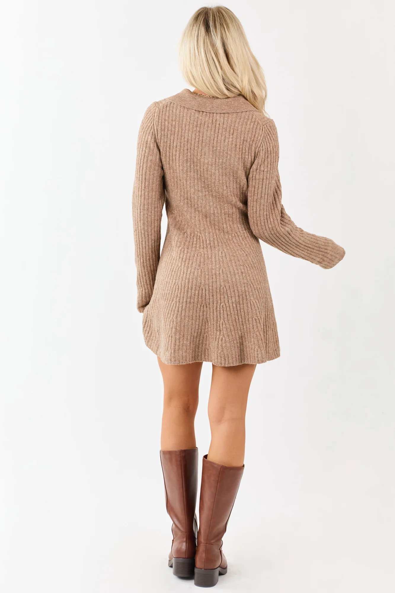 Taupe Ribbed Wool Blend Collared Sweater Dress