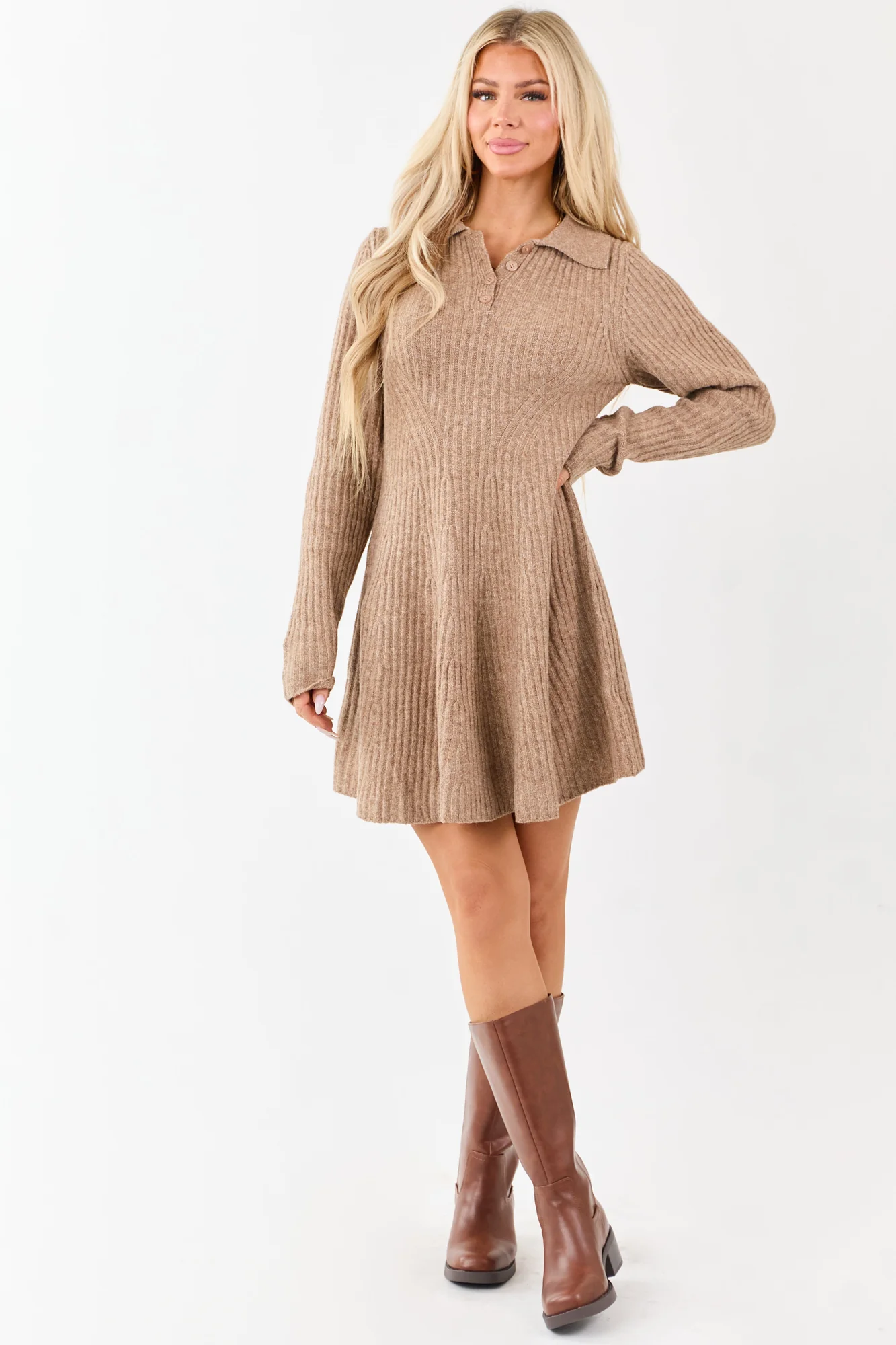 Taupe Ribbed Wool Blend Collared Sweater Dress