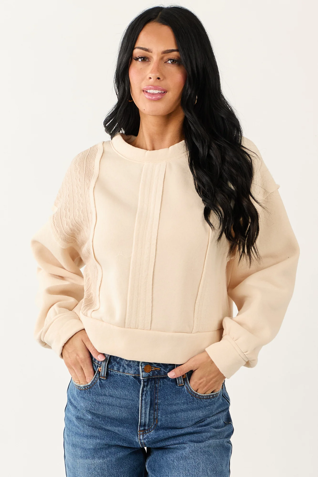 Almond Cable Knit Cozy Sweatshirt with Relaxed Fit