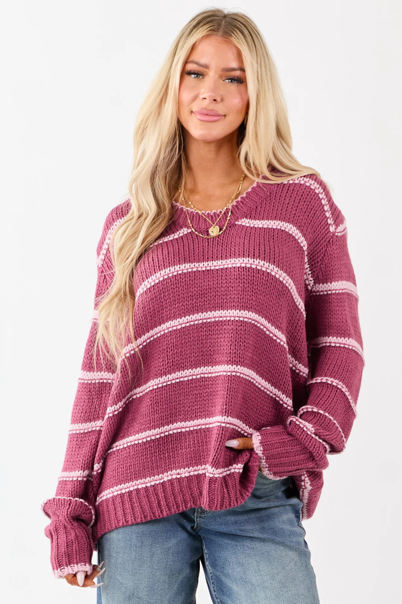 Dusty Blush Striped V-Neck Oversized Knit Sweater