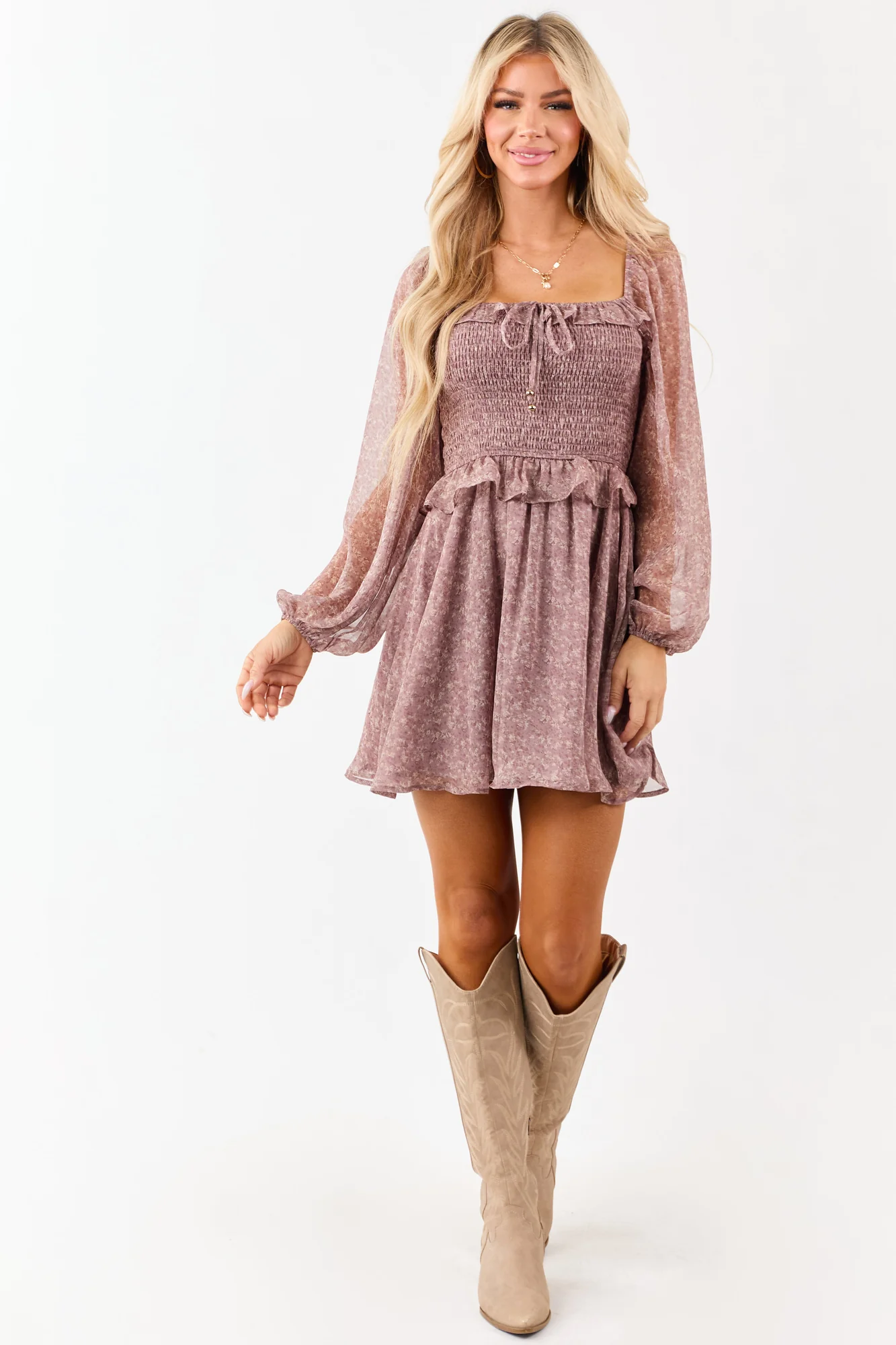 Sage Floral Print Smocked Bodice Mini Dress