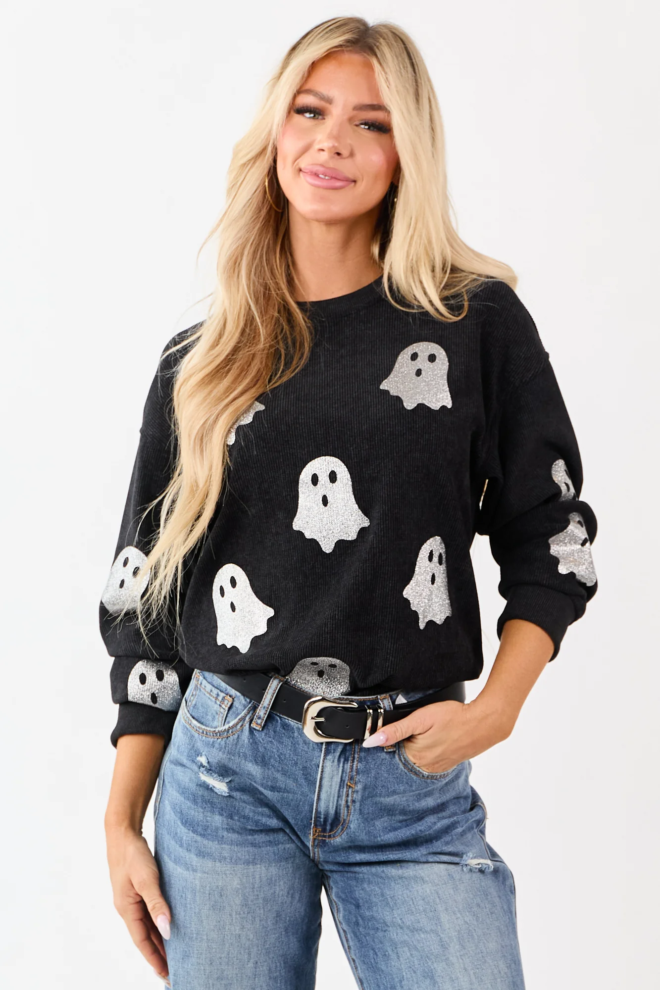 Sparkly Ghost Graphic Rib Knit Sweatshirt - Black, Halloween Style