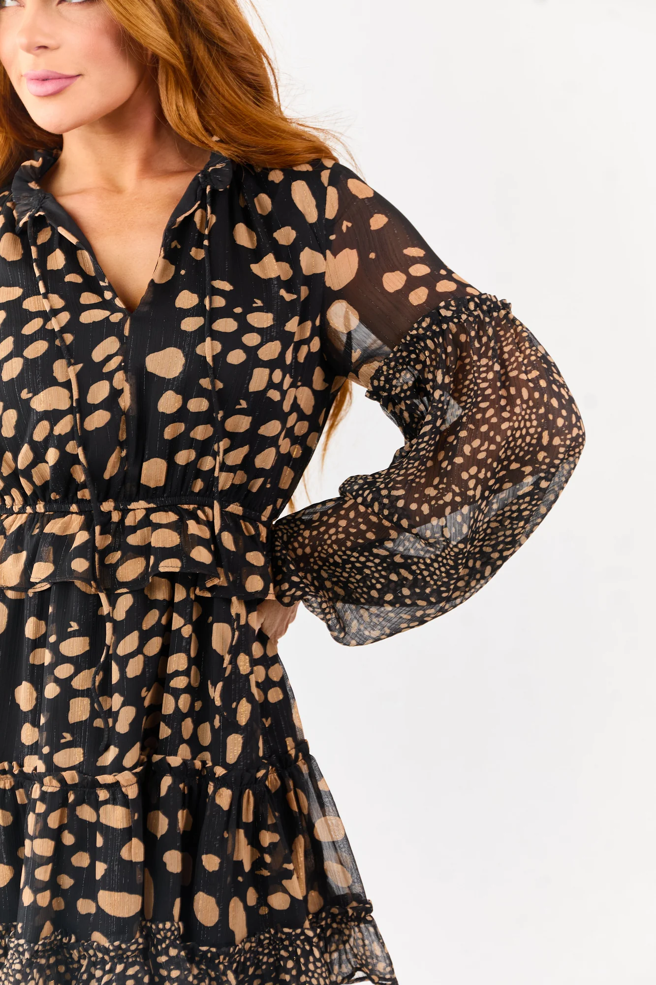 Abstract Print Sheer Chiffon Mini Dress in Black